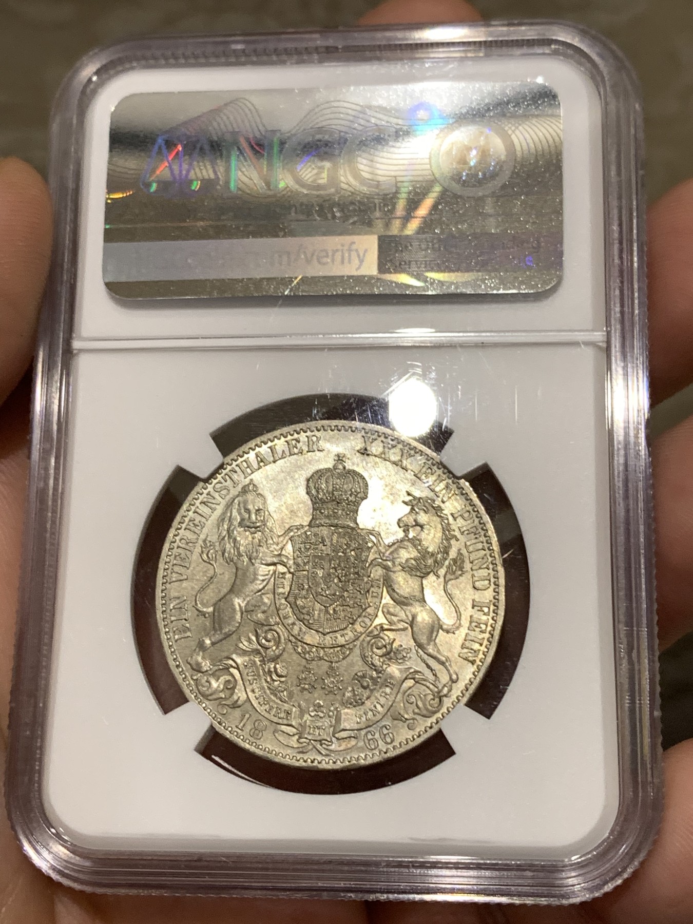 《竞宝斋》第179场-周日，周一2场 (全场包邮) NGCMS63 德国1866年汉诺威 双师泰勒银币 高分细节好