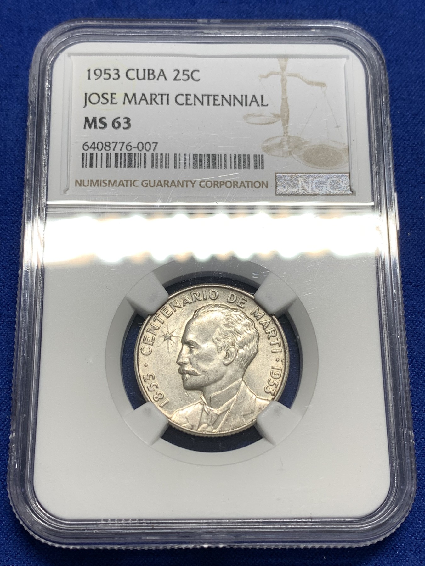 《竞宝斋》第179场-周日，周一2场 (全场包邮) NGC-MS63 古巴1953年 何塞马丁百年纪念 25分银币