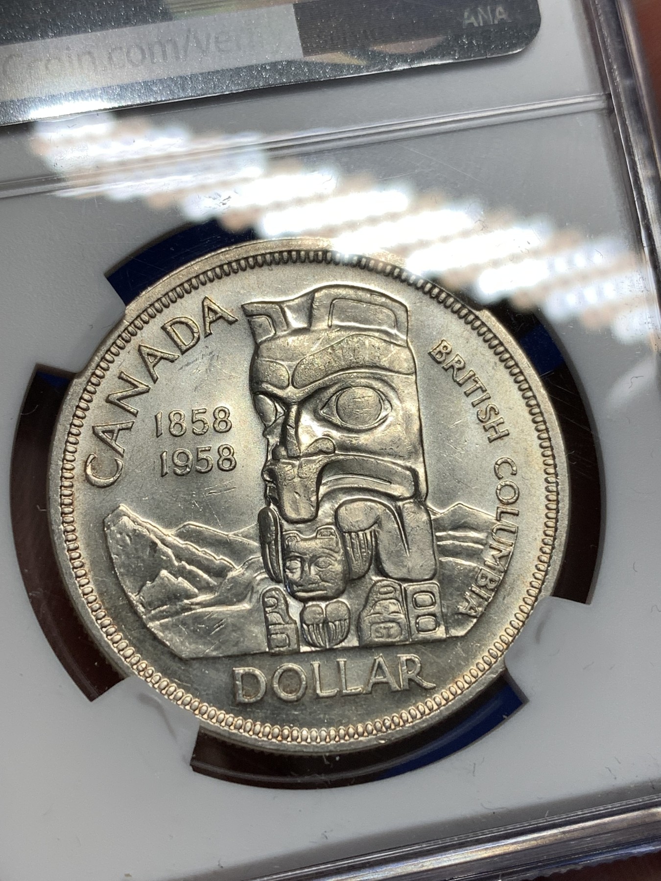 《竞宝斋》第179场-周日，周一2场 (全场包邮) NGC MS63 1958年 加拿大 哥伦比亚百年纪念1元银币 高银版