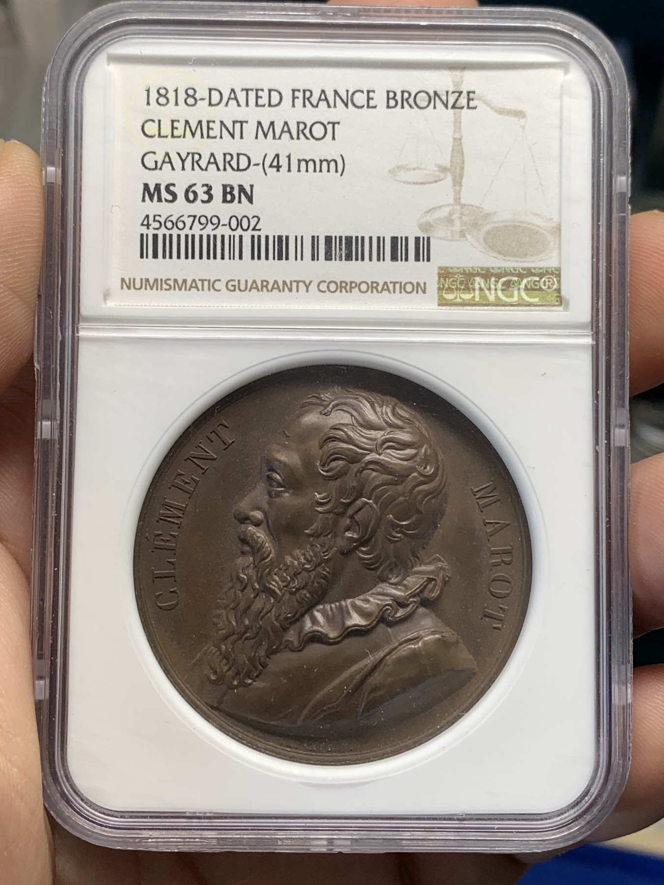 《竞宝斋》第179场-周日，周一2场 (全场包邮) NGC MS63BN 高浮雕 巧克力均匀包浆 1818年法国老铜章 以纪念法国文艺复兴时期的诗人克莱门特·马罗特（ClementMarot），1496-1544年，该枚铜章由法国盖拉德设计