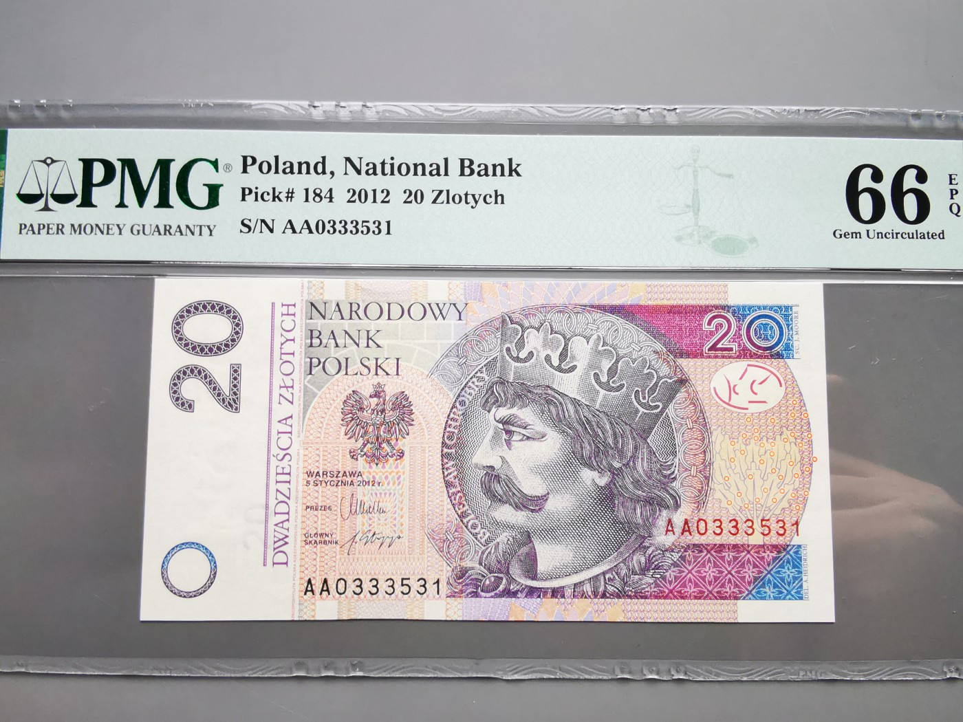 《崇甫堂》-PMG评级波兰纸钞VII PMG-66 首发AA冠《国王与纹章系列》20兹罗提 P#184