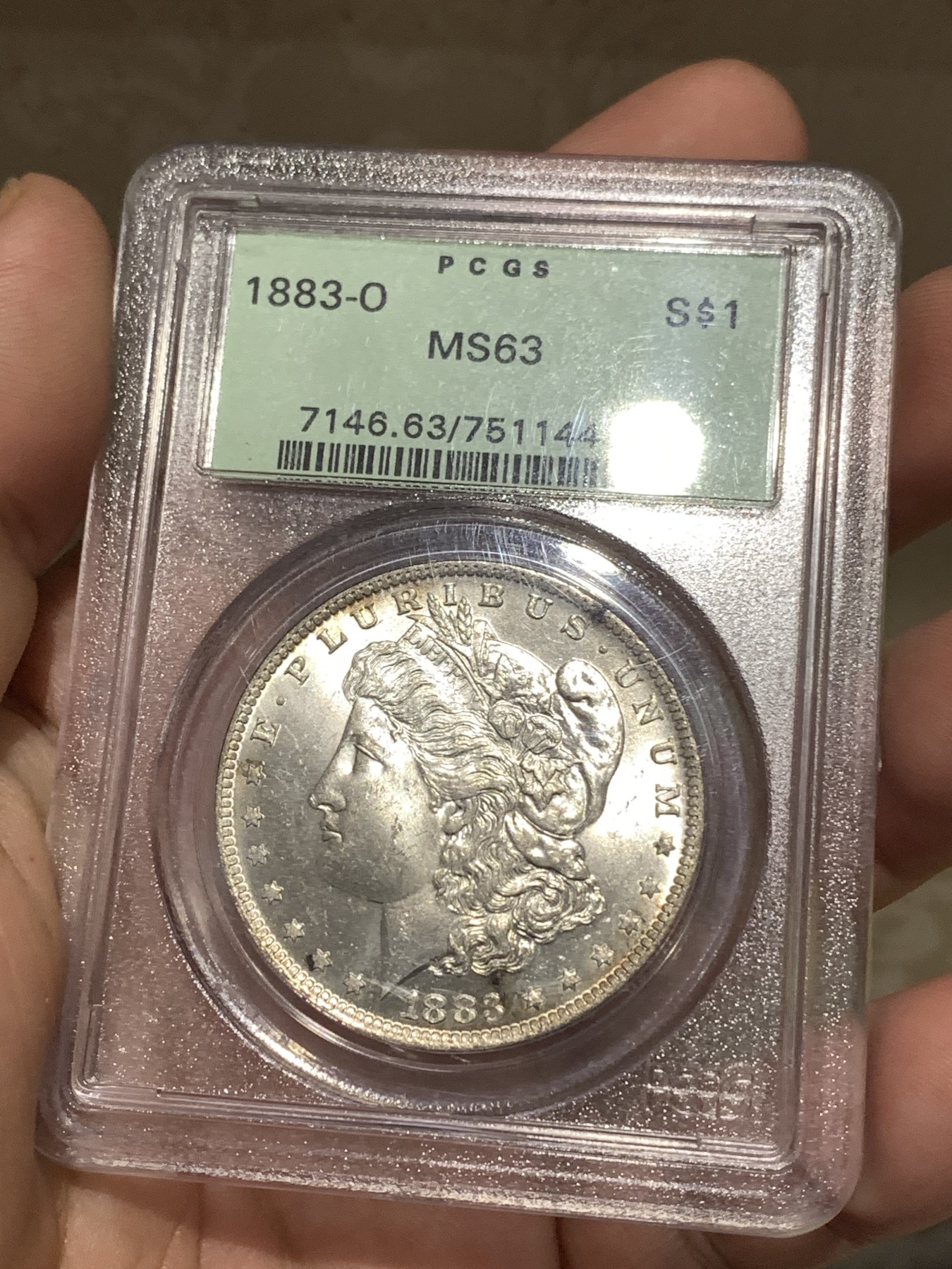 《竞宝斋》第179场-周日，周一2场 (全场包邮) PCGS MS63 美国1883年 摩根银元 绝版小绿标