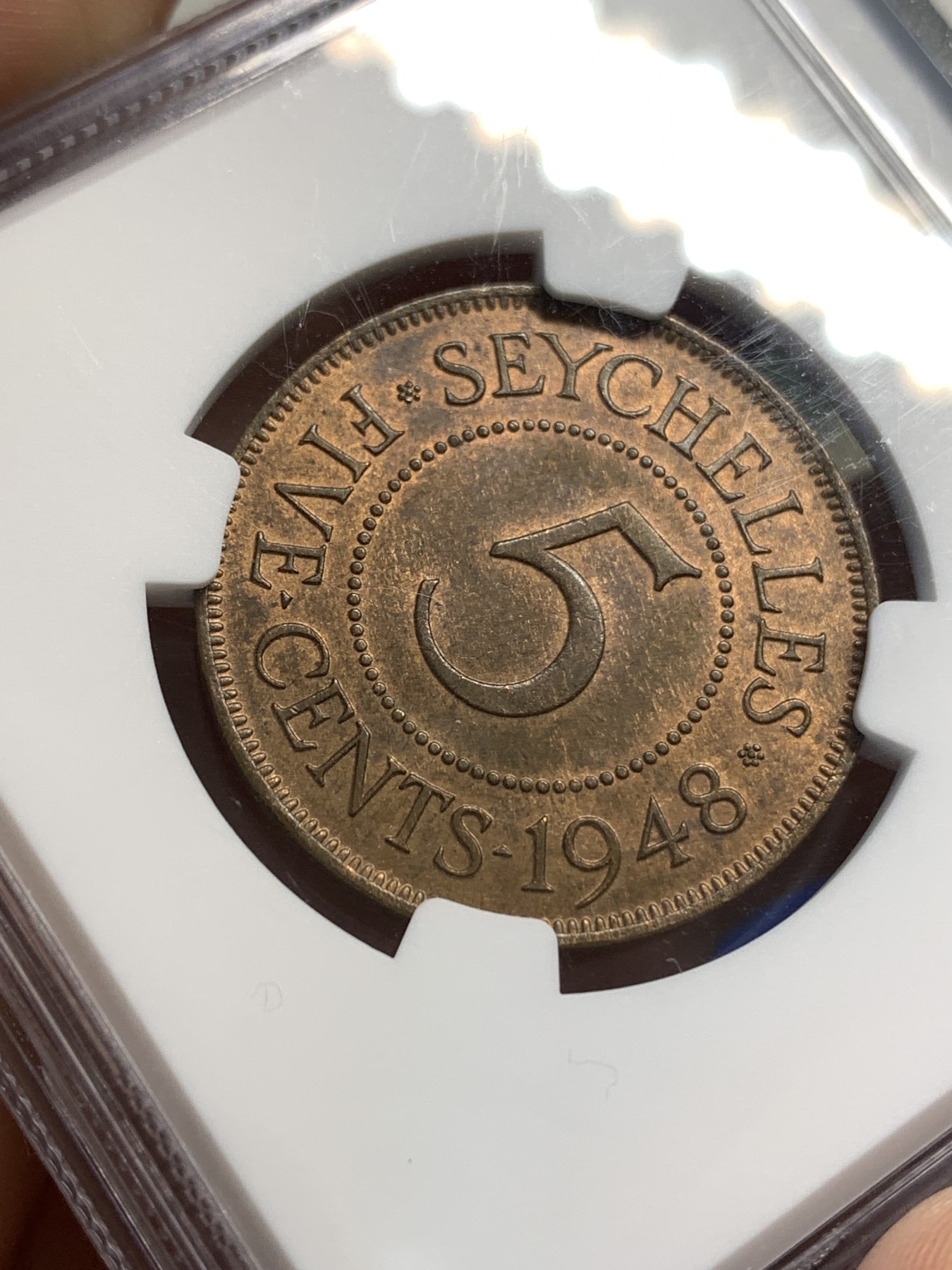 《竞宝斋》第179场-周日，周一2场 (全场包邮) NGC MS64RB 1948 英属塞舌尔乔治六世5分 铜币 仅发行一年