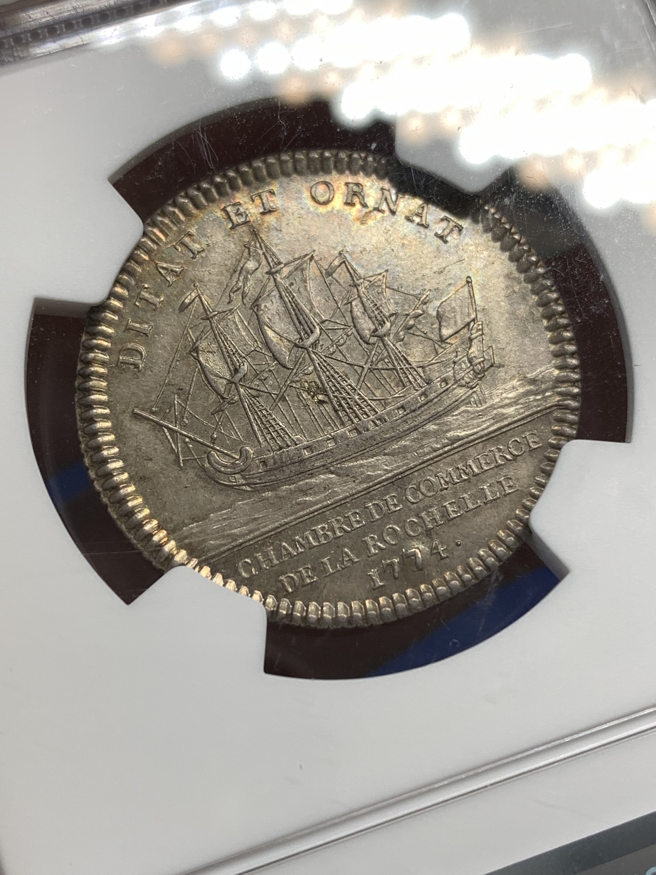 《竞宝斋》第179场-周日，周一2场 (全场包邮) NGC AU58 法国1774年 拉罗谢尔 路易十六 圆形银质代币 非常少见