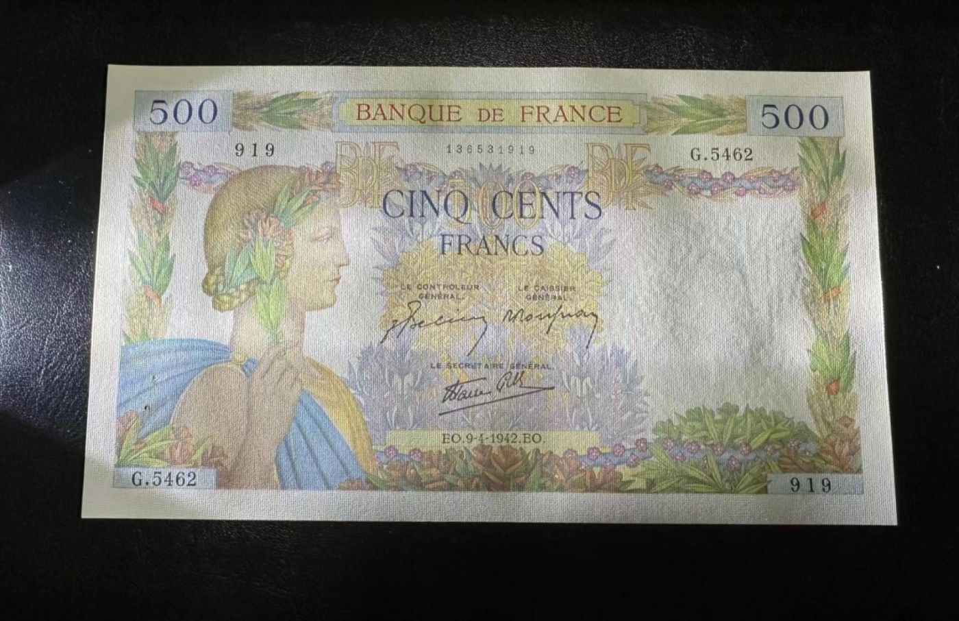 【Blue Auction】✨世界纸币精拍第341期——周日畅拍场 【919倒置号】法国 1942年500法郎 UNC- 有针孔