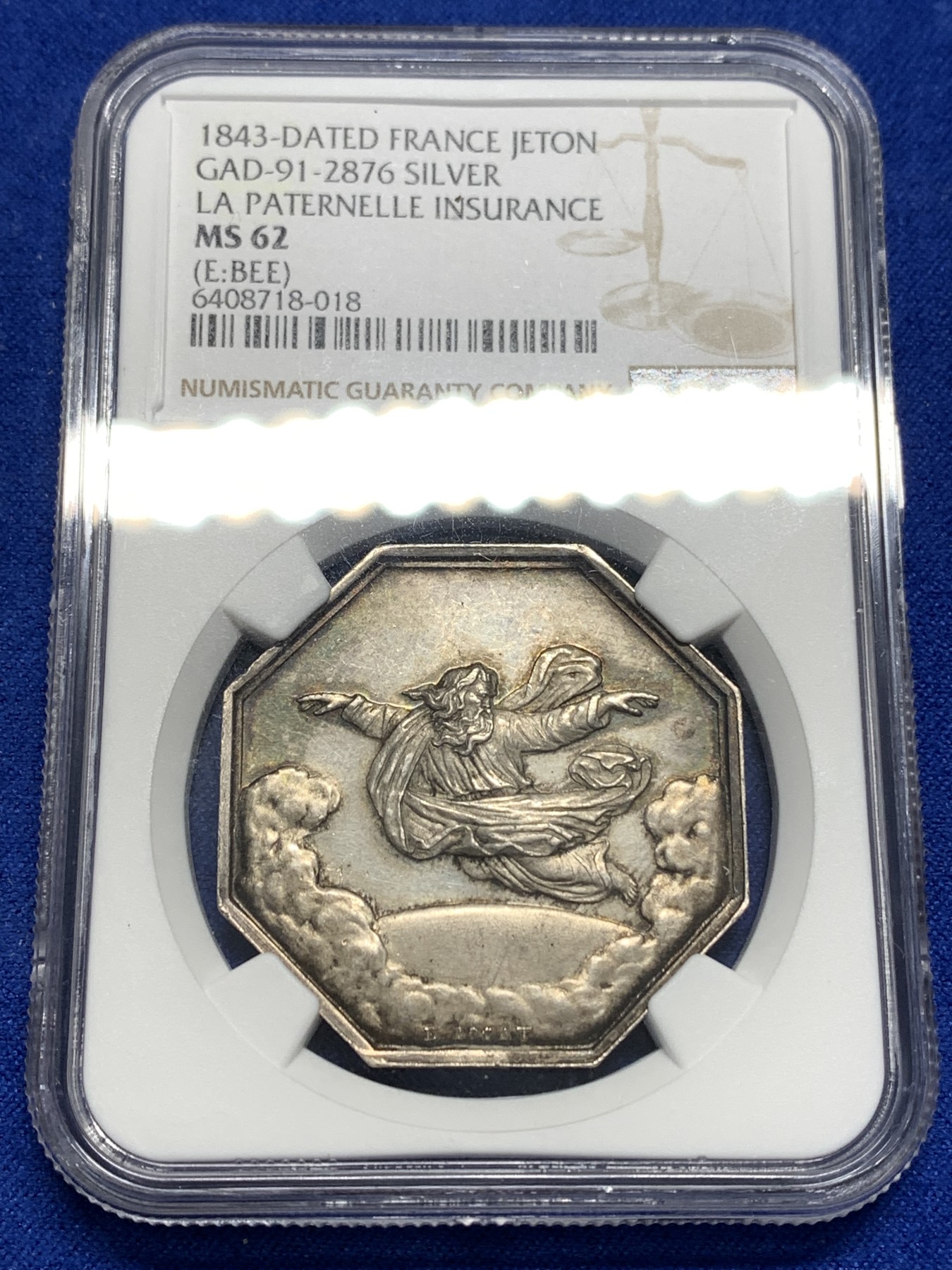 《竞宝斋》第179场-周日，周一2场 (全场包邮) NGC MS62 法国八角银质代币，1843年天父保险公司，飞天的宙斯，少见蜜蜂边铭