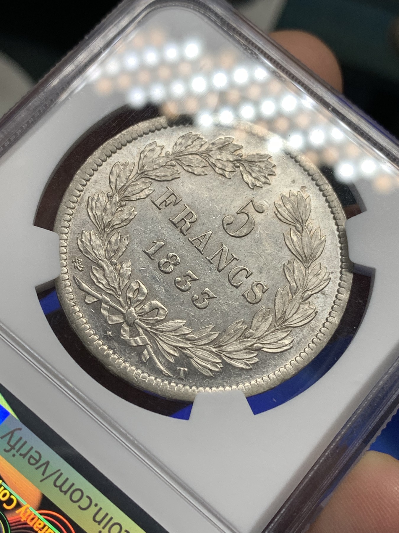 《竞宝斋》第179场-周日，周一2场 (全场包邮) 唯一冠军分 NGC AU55 1833T 法国菲利普5法郎银币 南特造币厂，不常见