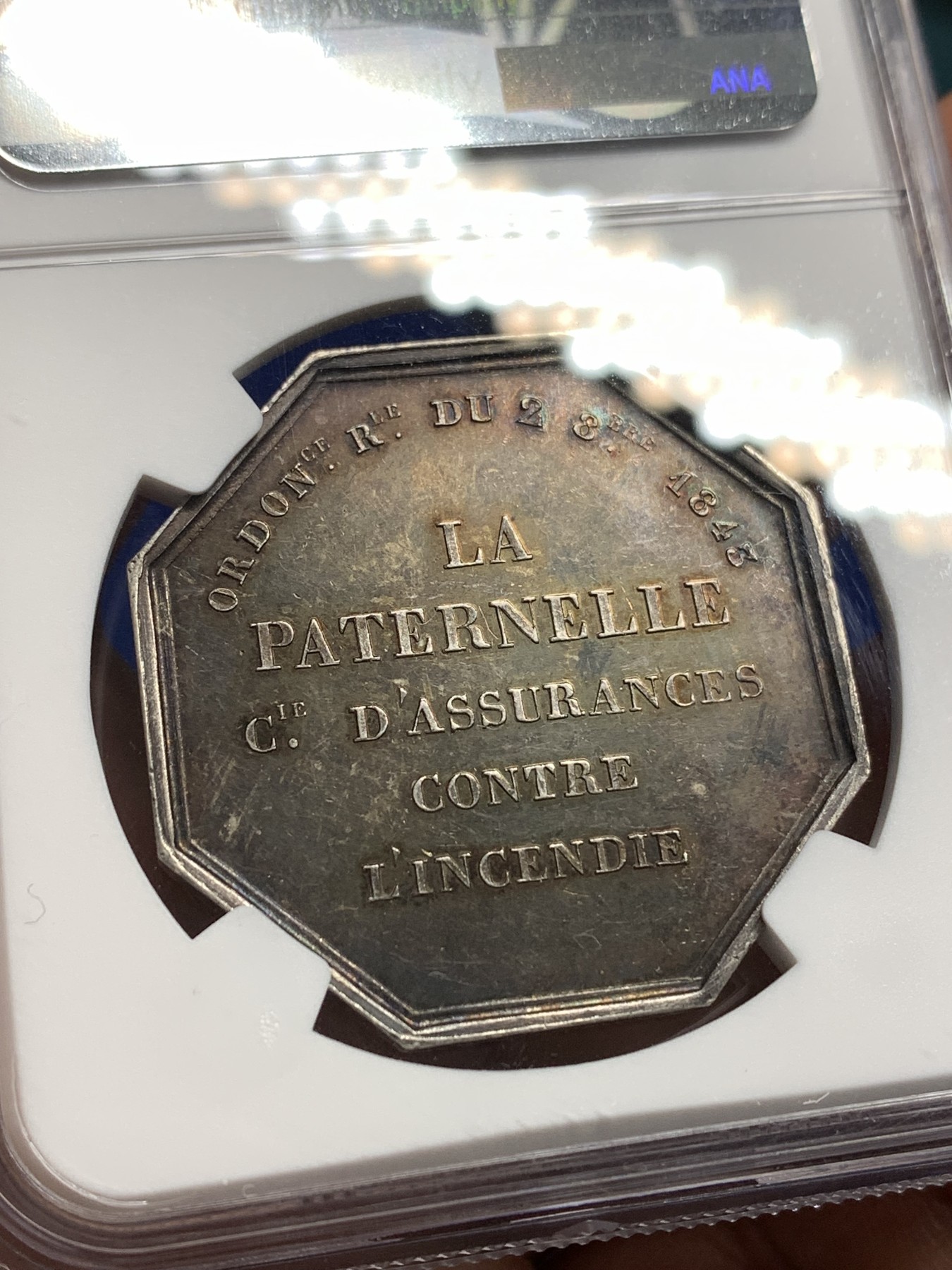 《竞宝斋》第179场-周日，周一2场 (全场包邮) NGC MS62 法国八角银质代币，1843年天父保险公司，飞天的宙斯，少见蜜蜂边铭