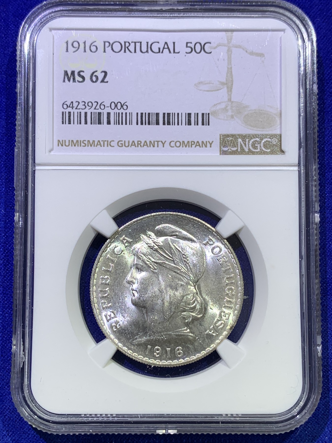 《竞宝斋》第179场-周日，周一2场 (全场包邮) NGC-MS62 葡萄牙1916年 女神头像 半圆银币 顶级原光好品