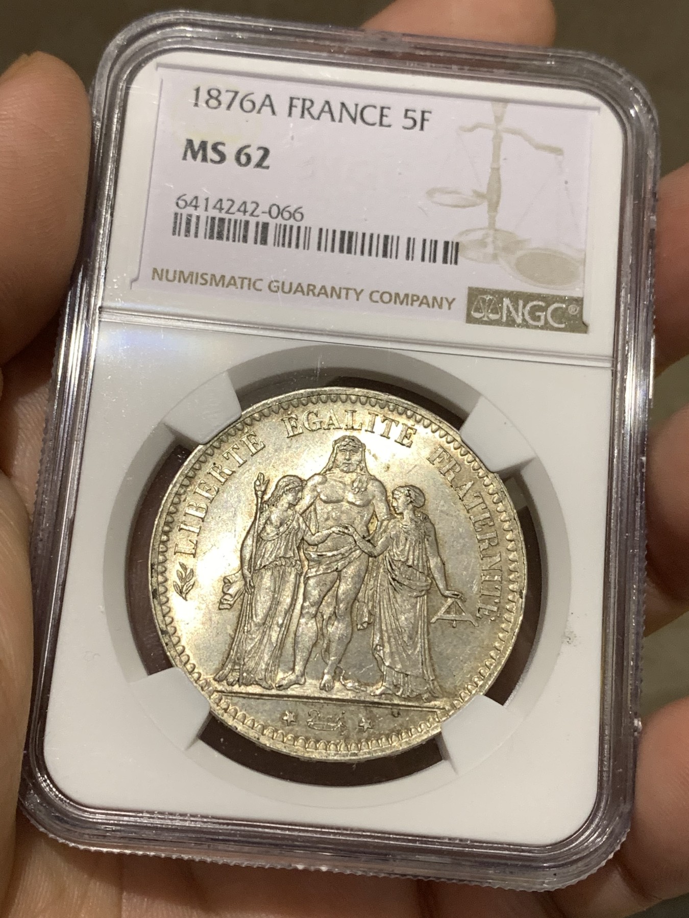 《竞宝斋》第179场-周日，周一2场 (全场包邮) NGC MS62 法国 1876年 大力神 5法郎银币 稀少年份 MS非常难得