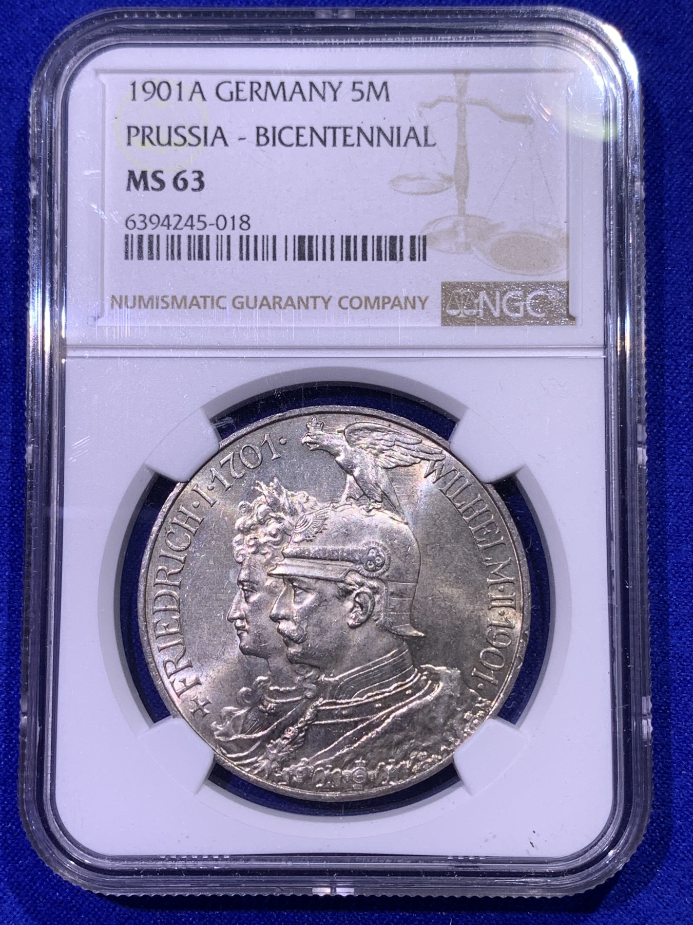 《竞宝斋》第179场-周日，周一2场 (全场包邮) NGC MS63 德国普鲁士1901年 军装两百周年纪念 5马克大银币