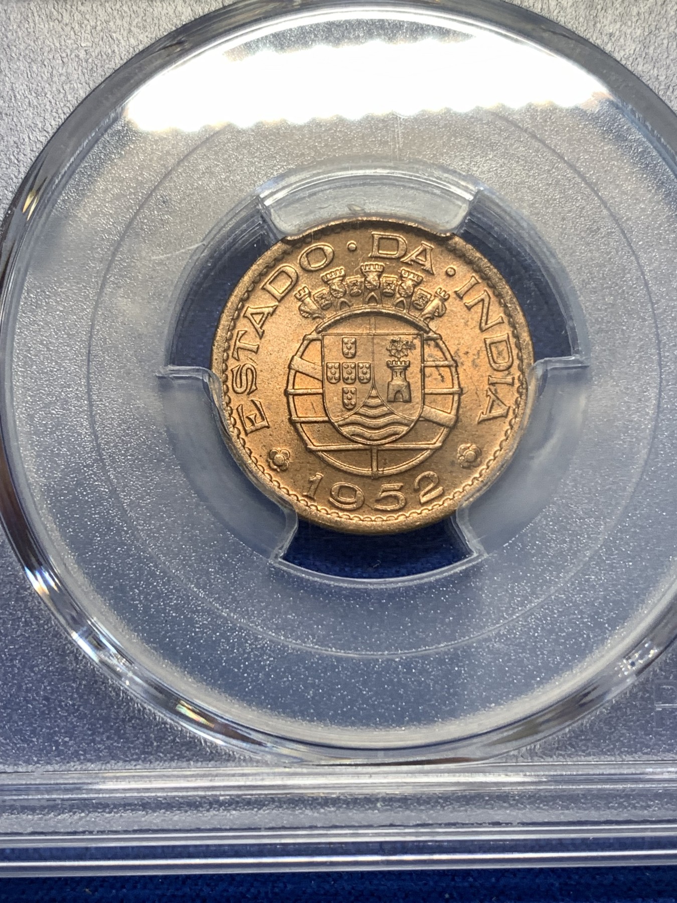 《竞宝斋》第179场-周日，周一2场 (全场包邮) 亚军分 PCGS-MS64RD 1952年葡属印度1Tanga铜币（原光RD状态难得）