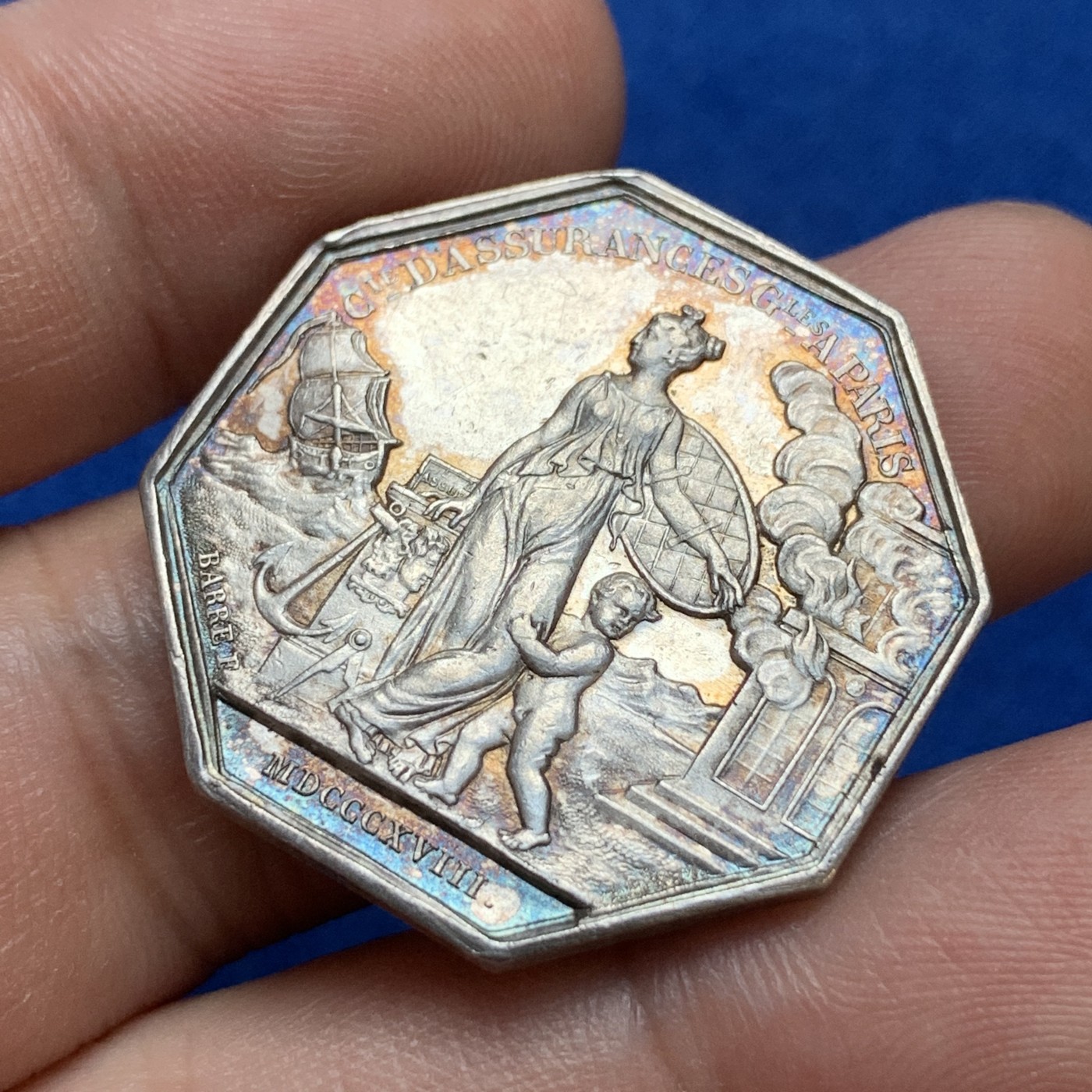 《竞宝斋》第179场-周日，周一2场 (全场包邮) 法国 路易十八火灾保险 JETON银质八角代币 13.8g 30.6mm