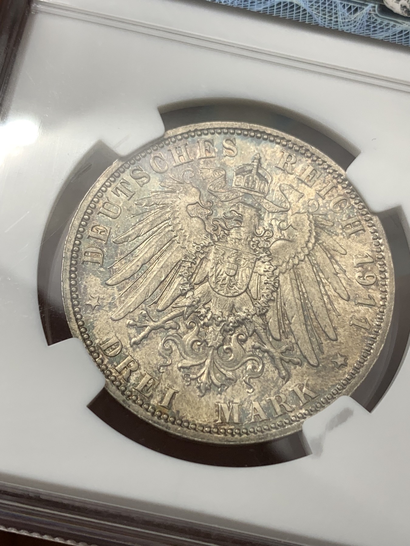 《竞宝斋》第179场-周日，周一2场 (全场包邮) NGC MS63 德国 1911年 巴伐利亚 3马克 银币 老彩包浆 PL状态