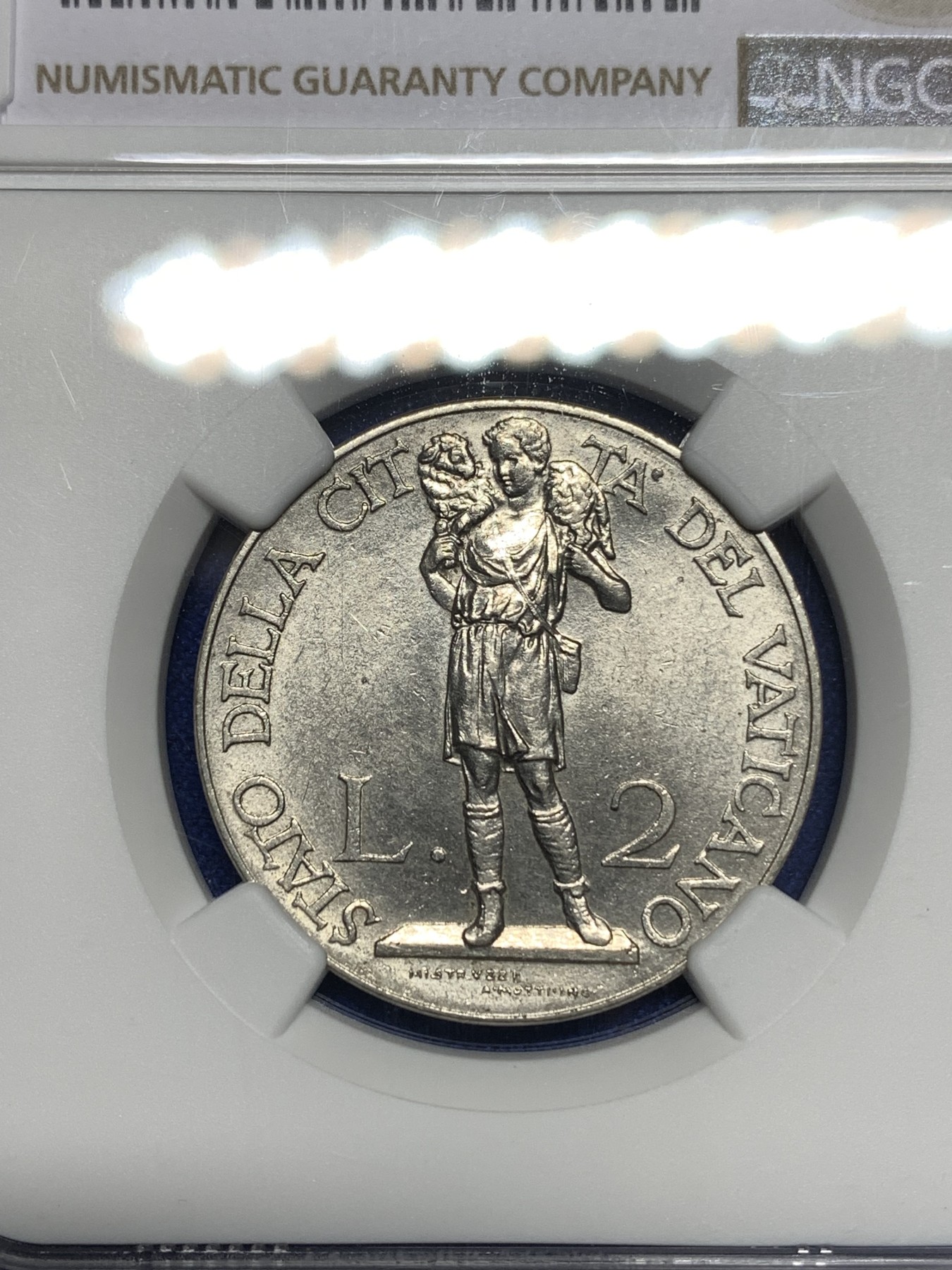 《竞宝斋》第179场-周日，周一2场 (全场包邮) NGC MS62 梵蒂冈 1937年 扛羊2里拉 经典设计 细节好