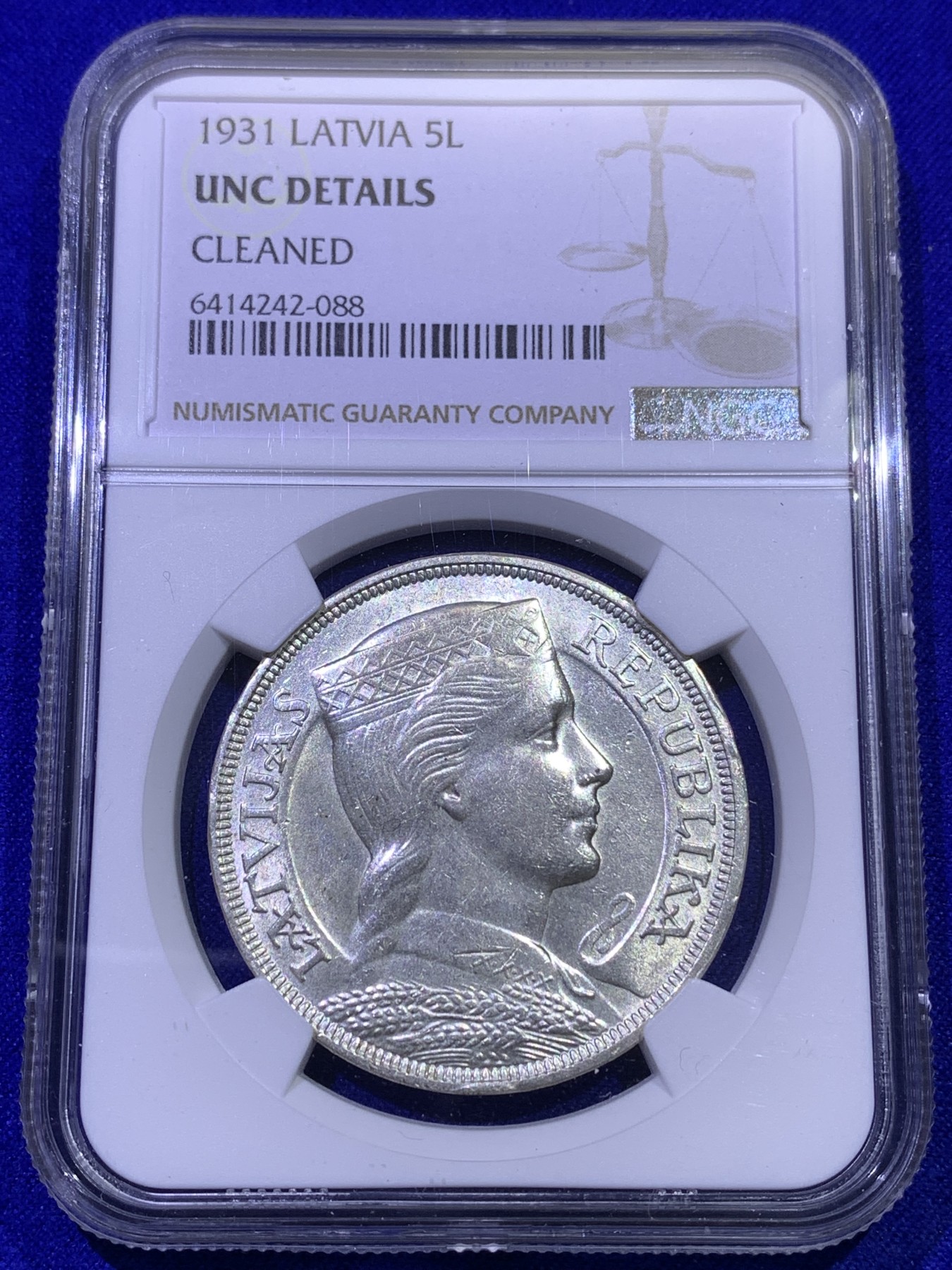 《竞宝斋》第179场-周日，周一2场 (全场包邮) NGC UNC 拉脱维亚 1931年 5拉特大银币