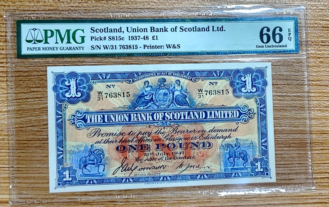 【Blue Auction】✨世界纸币精拍第341期——周日畅拍场 苏格兰 1947年1镑 PMG66EPQ W&S出品 精美