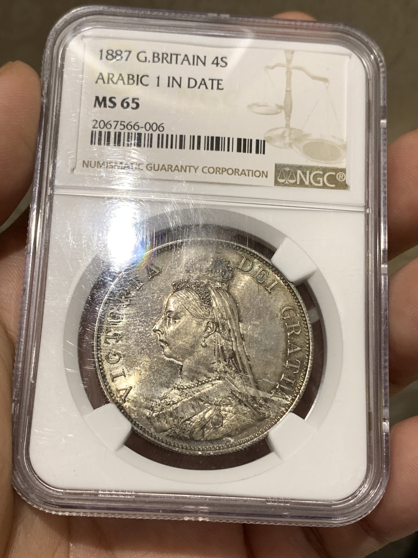 《竞宝斋》第179场-周日，周一2场 (全场包邮) NGC MS65 英国1887年 维多利亚女王高冠版 双福林银币 高等级分数 双面五彩包浆非常难得