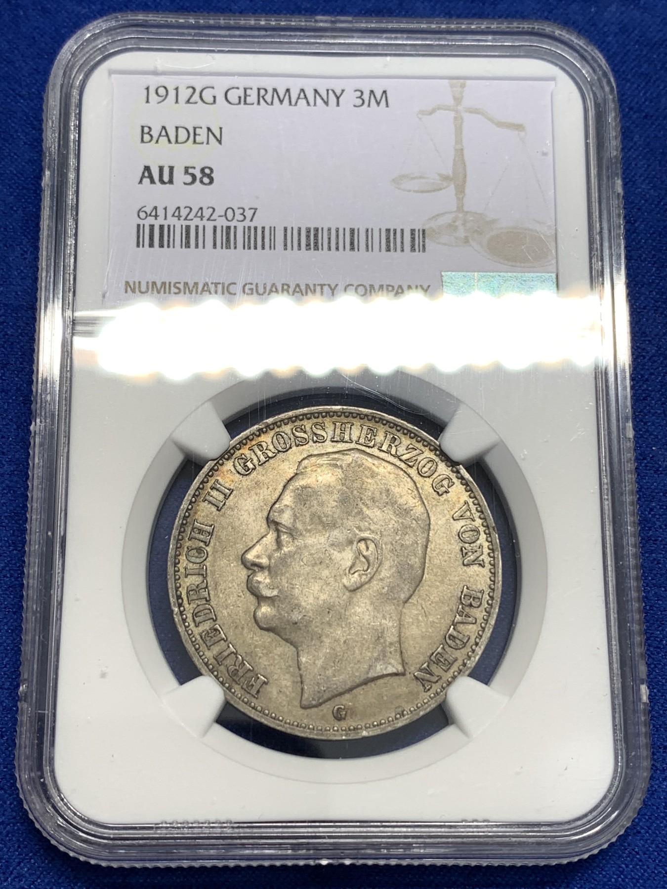 《竞宝斋》第179场-周日，周一2场 (全场包邮) NGC AU58 德国 巴登 1912年 3马克 银币 包浆细节好