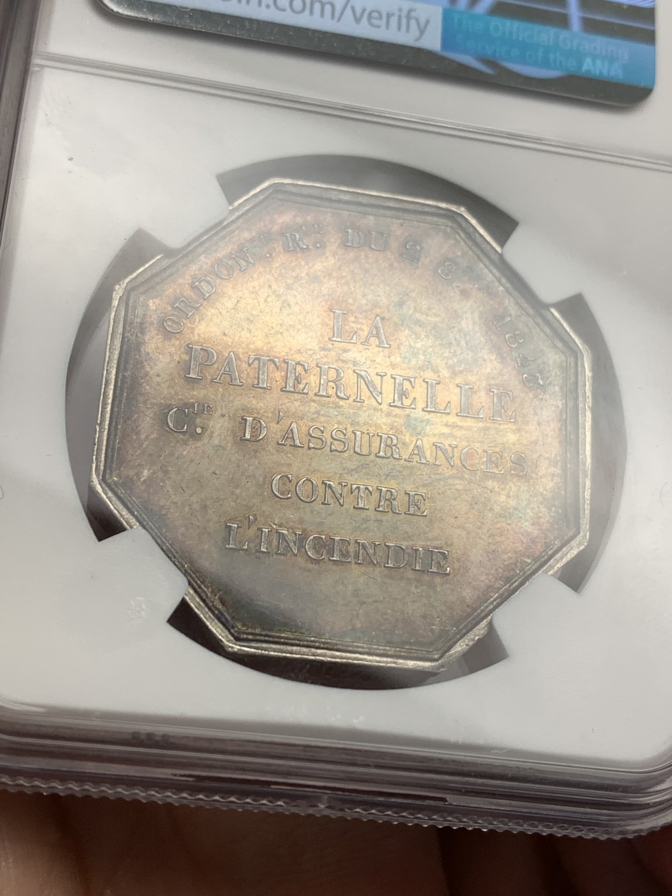 《竞宝斋》第179场-周日，周一2场 (全场包邮) NGC MS62 法国八角银质代币，1843年天父保险公司，飞天的宙斯，少见蜜蜂边铭