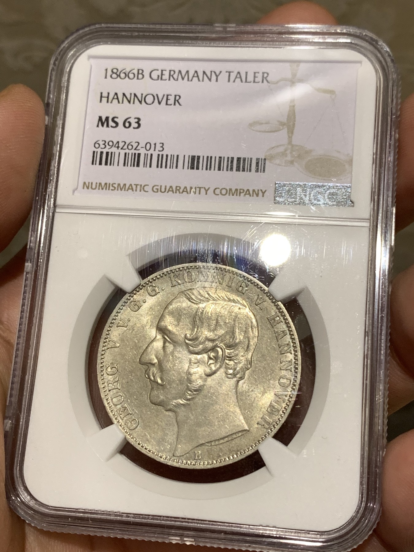 《竞宝斋》第179场-周日，周一2场 (全场包邮) NGCMS63 德国1866年汉诺威 双师泰勒银币 高分细节好