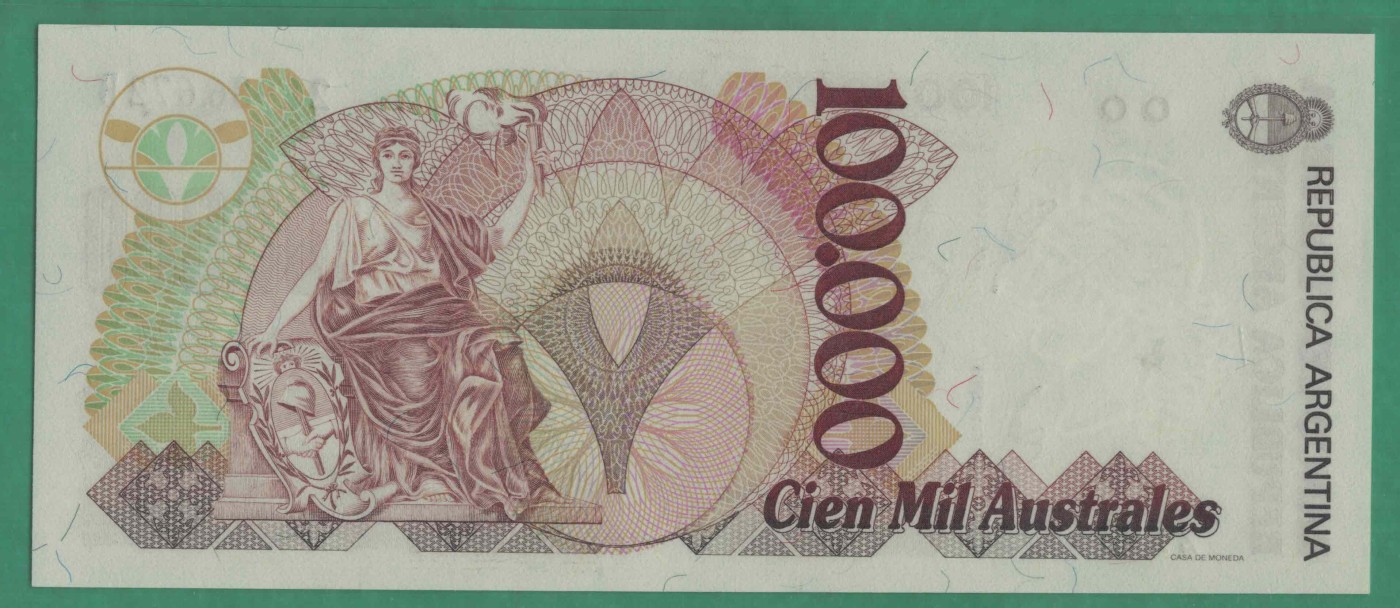 阿根廷100000(10万)奥斯特 1990年至1991年 黑签名 无4 P-336 实图 UNC