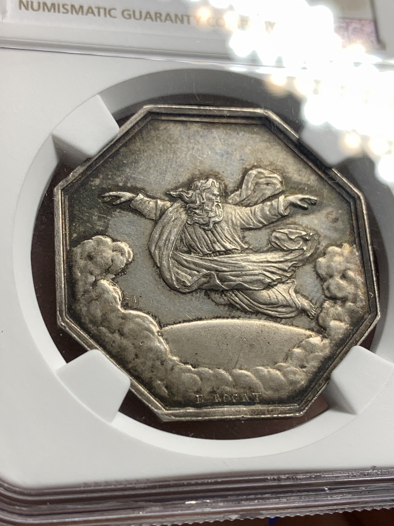 《竞宝斋》第179场-周日，周一2场 (全场包邮) NGC MS62 法国八角银质代币，1843年天父保险公司，飞天的宙斯，少见蜜蜂边铭