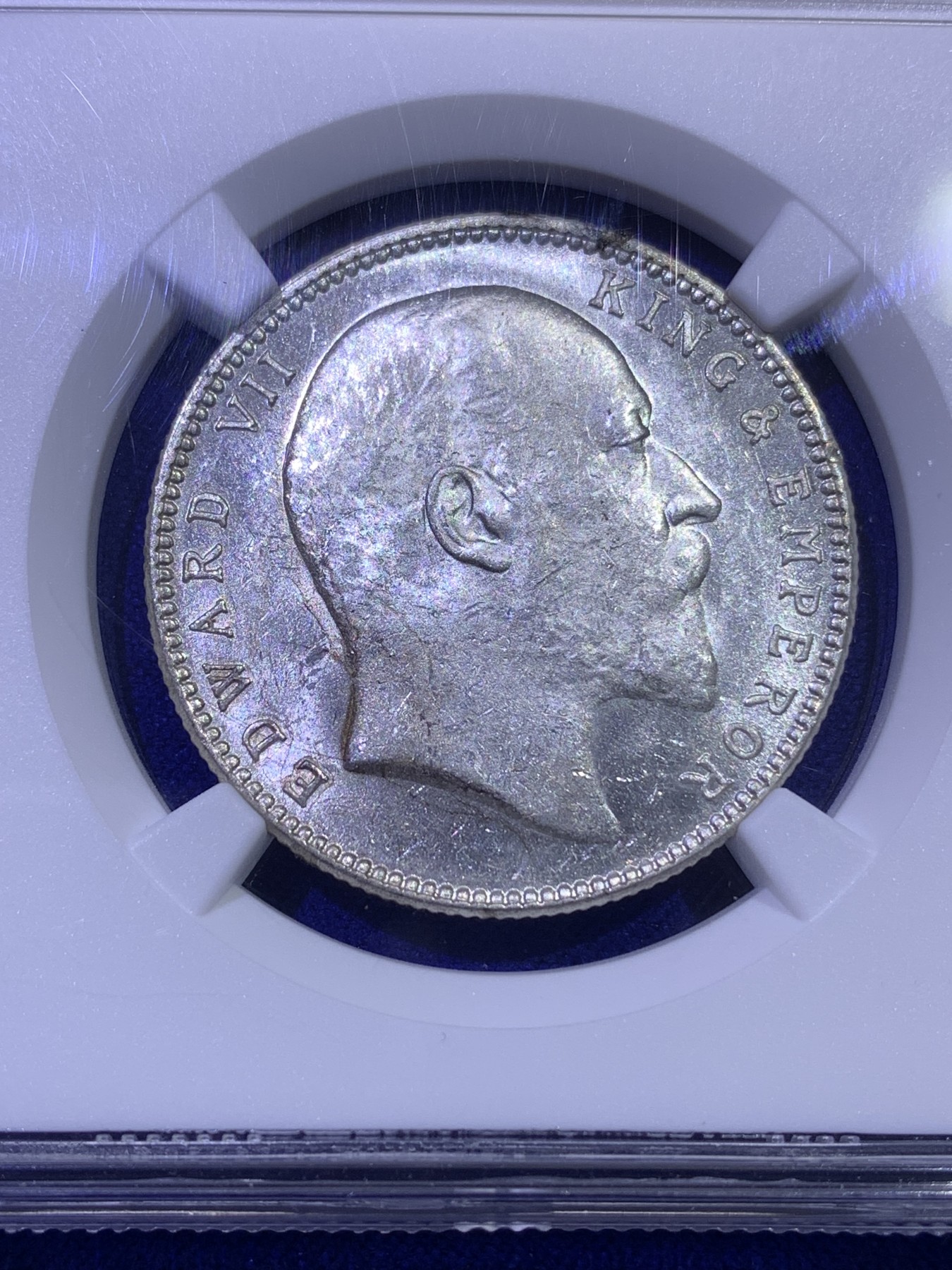 《竞宝斋》第179场-周日，周一2场 (全场包邮) NGC MS63 英属印度1903年B版爱七1卢比银币 上涨品种