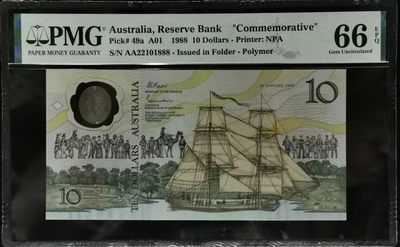 港、澳、台、中外钞、流水签、机签、箱包单、靓号专场第16期 - 澳大利亚1988年10元塑料纪念钞-世界上第一张塑料钞无47豹子号 AA22101888 PMG66分一张/如图 