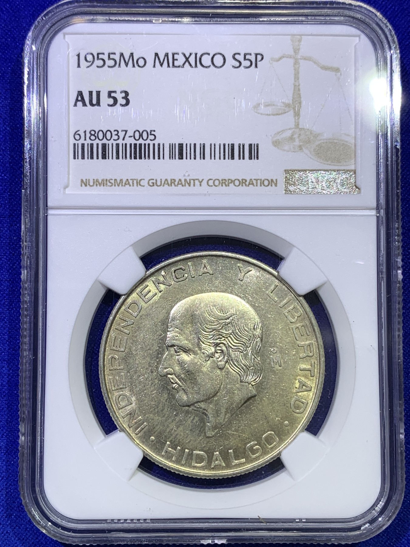 《竞宝斋》第179场-周日，周一2场 (全场包邮) NGC AU53 墨西哥 1955年 老人头 5比索 银币