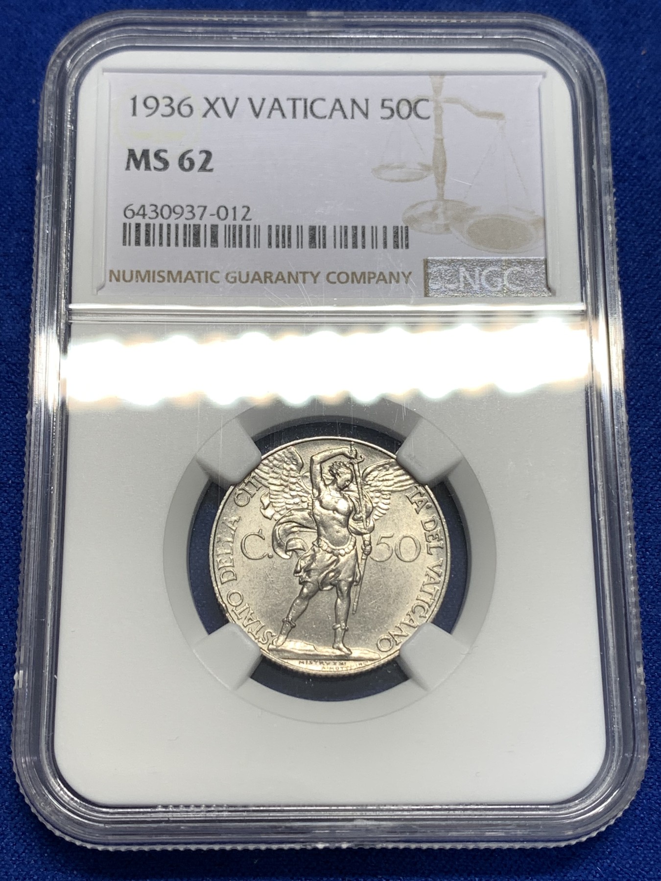 《竞宝斋》第179场-周日，周一2场 (全场包邮) NGC MS62 梵蒂冈 1936年  50分 战斗天使