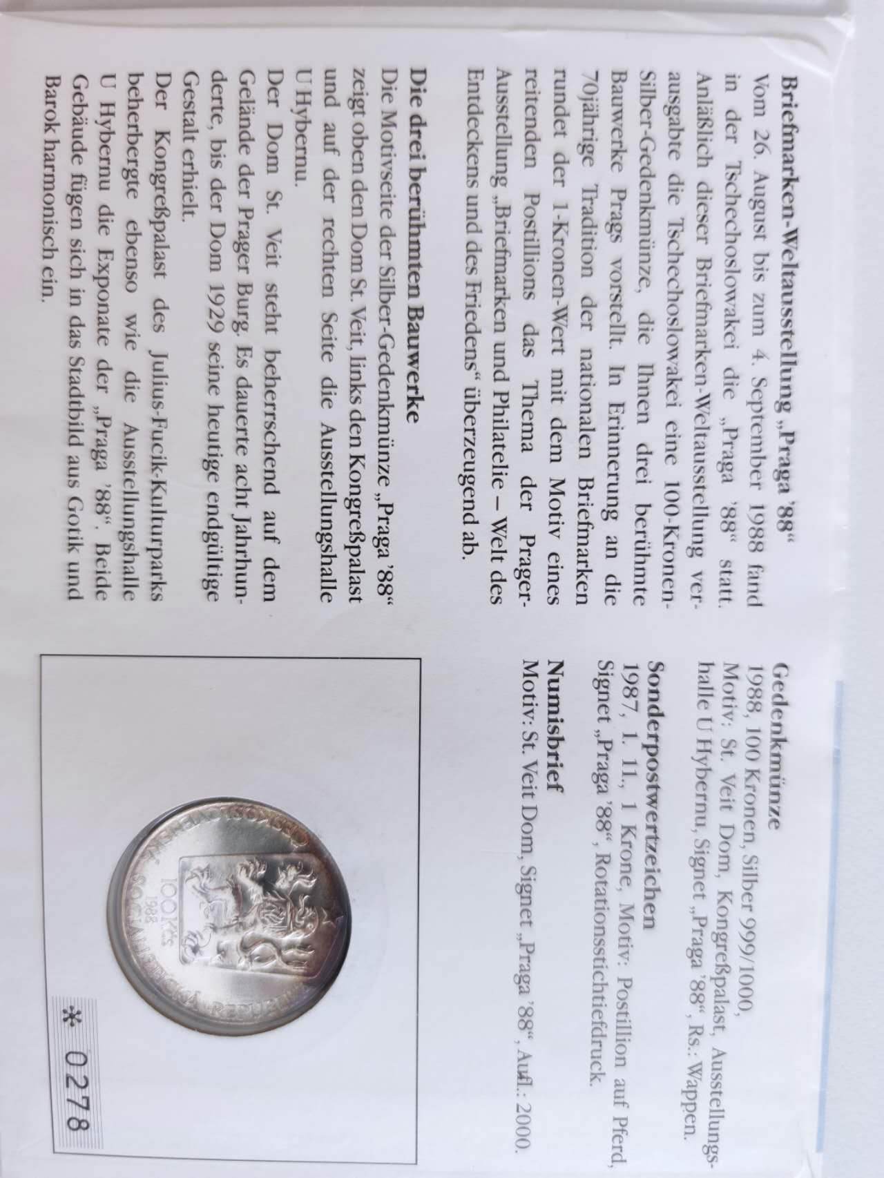 邮币封第四场 1988年捷克布拉格集邮博览会银币邮币封