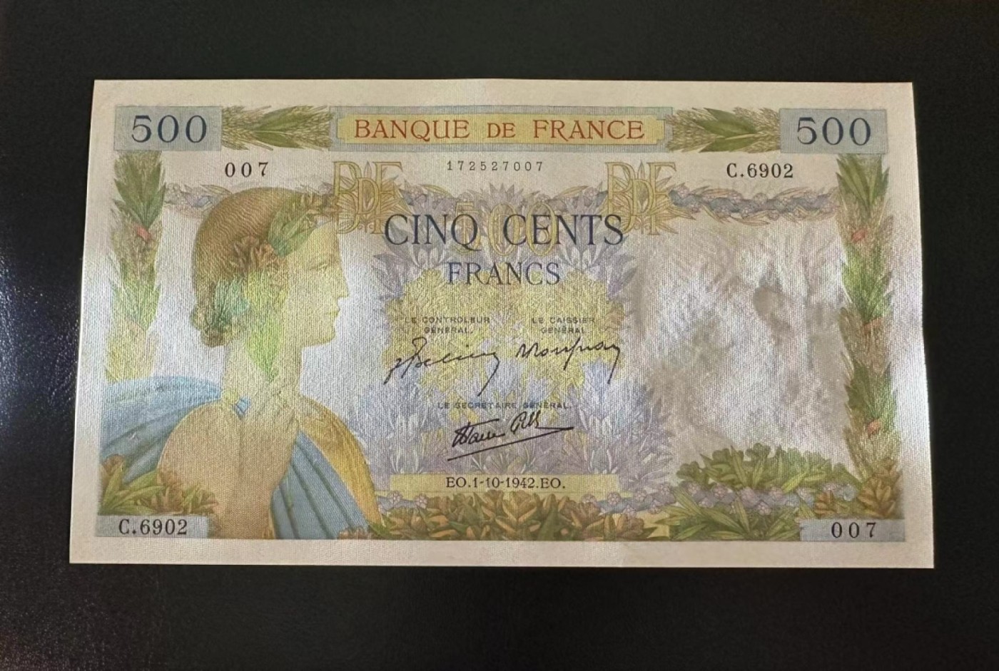 【Blue Auction】✨世界纸币精拍第341期——周日畅拍场 法国 1942年500法郎 AU+