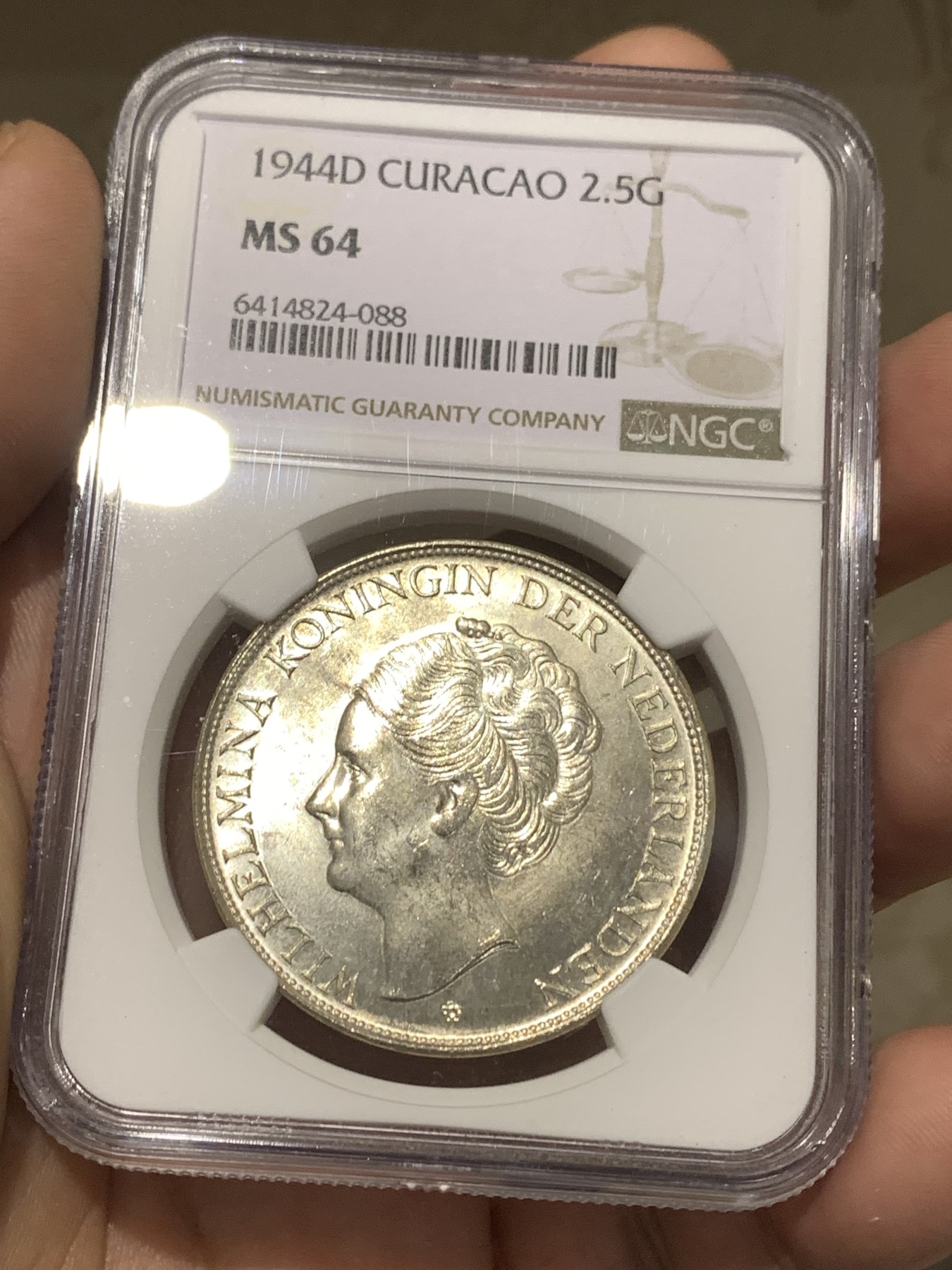 《竞宝斋》第179场-周日，周一2场 (全场包邮) NGC-MS64 荷属库拉索1944年 威廉米娜女王 2.5盾大银币