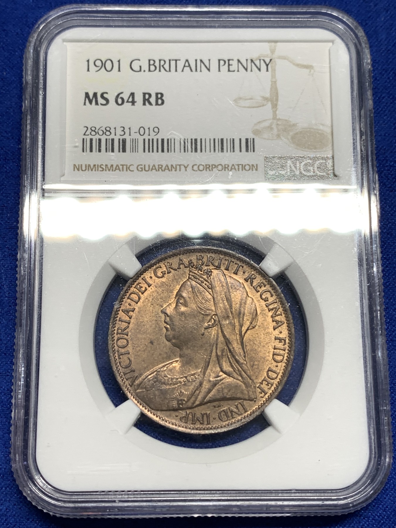 《竞宝斋》第179场-周日，周一2场 (全场包邮) NGC MS64RB 英国 1901 维多利亚 披纱版 1便士大铜币 高分好状态