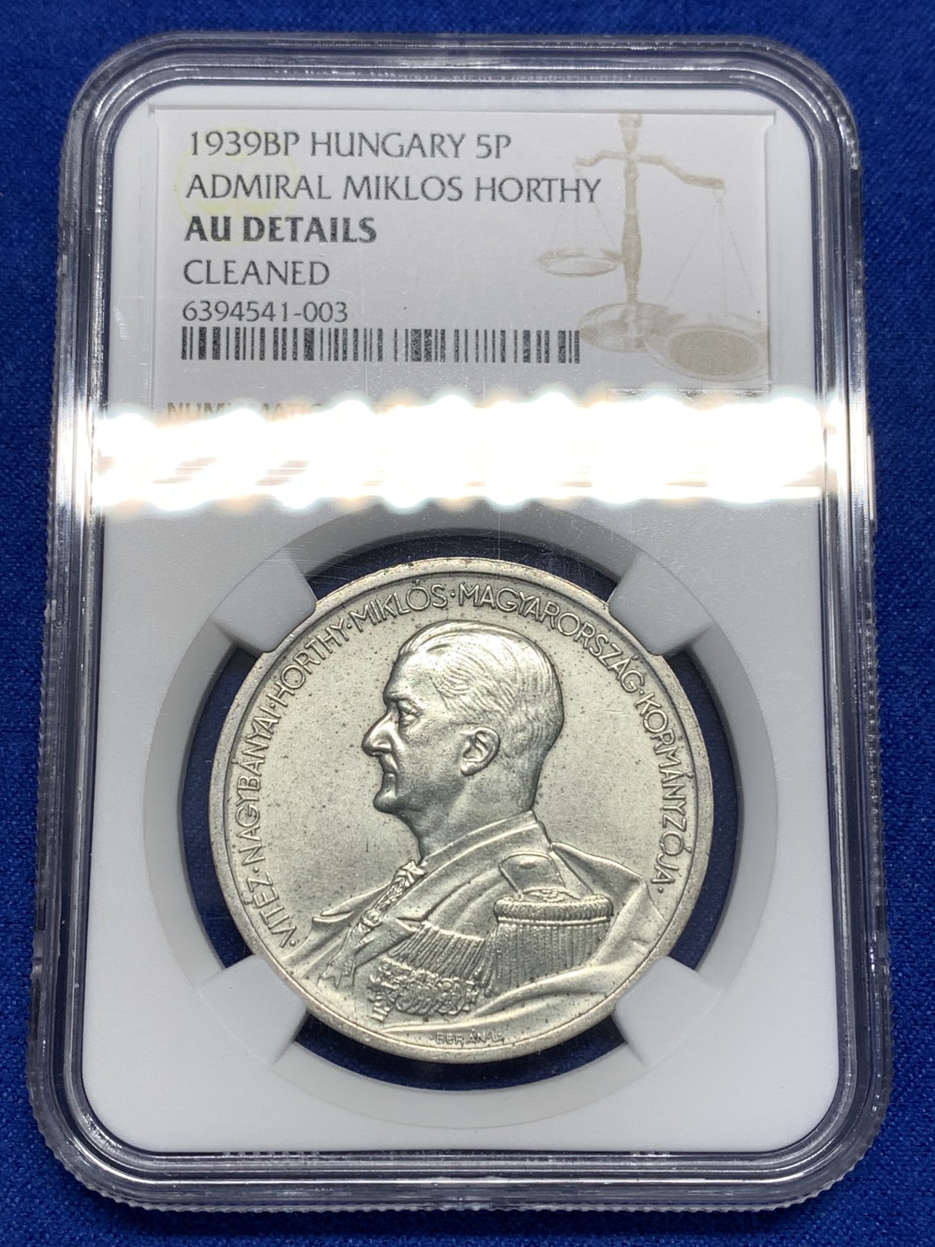 《竞宝斋》第179场-周日，周一2场 (全场包邮) NGC-AU 1939A匈牙利海军上将霍尔蒂5潘果银币，上涨品种