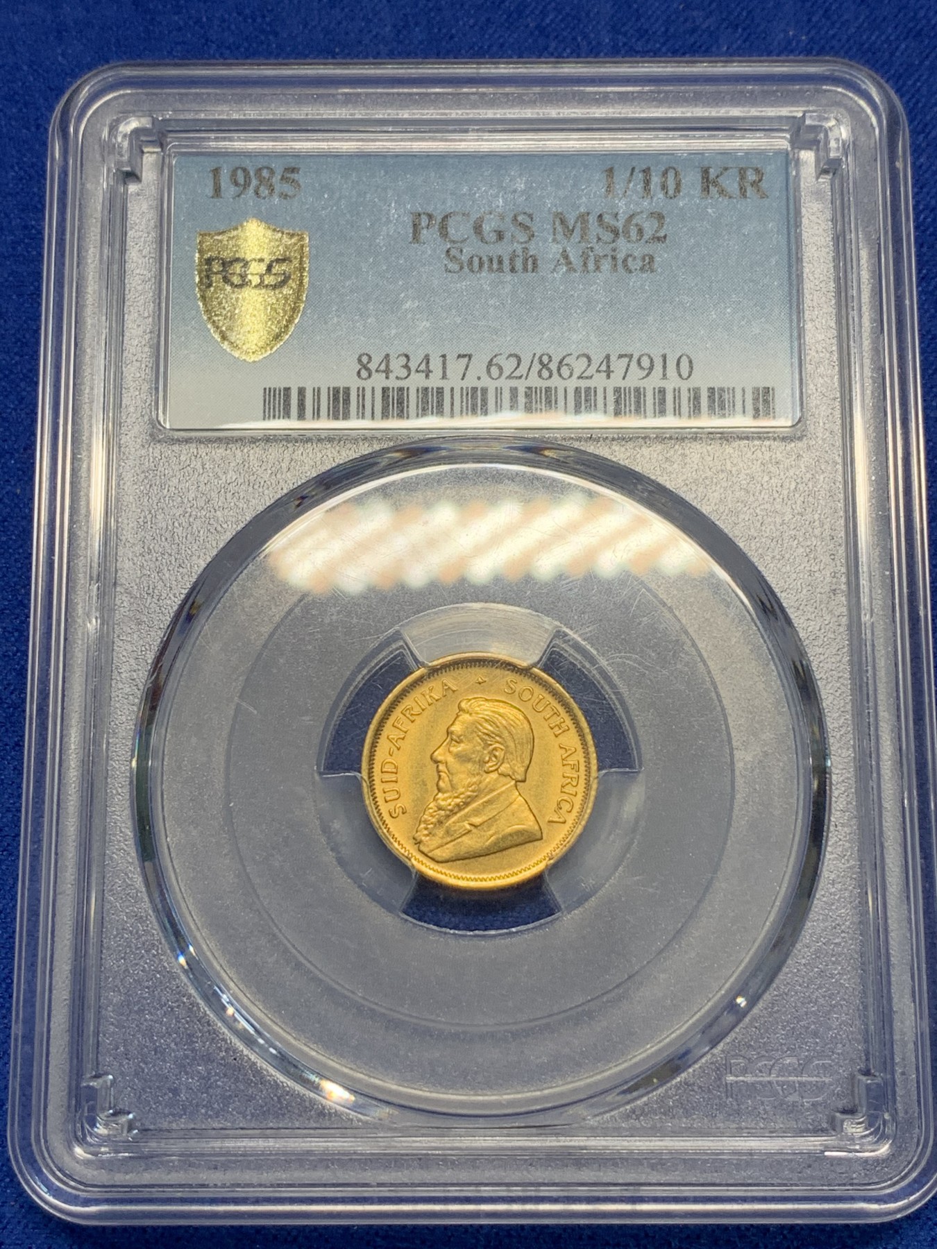 《竞宝斋》第179场-周日，周一2场 (全场包邮) PCGS-MS62 南非1985年1/10克鲁格金币，经典品种，光泽度高细节好，重3.39g,金价也要1500了