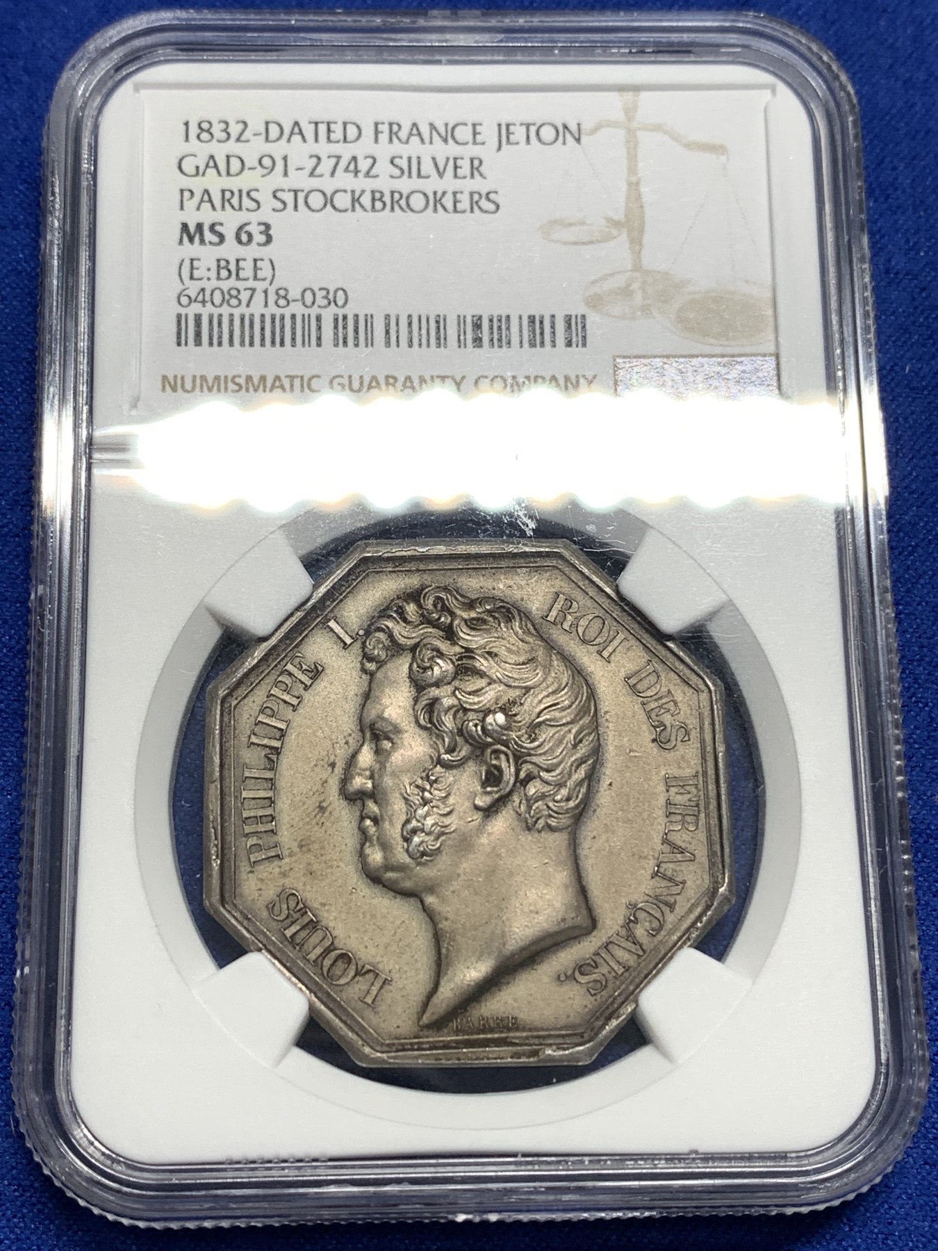 《竞宝斋》第179场-周日，周一2场 (全场包邮) NGC MS63 法国八角银质代币，1832年菲利普巴黎股票经纪人，审慎之神普鲁登斯于巴黎证交所前
