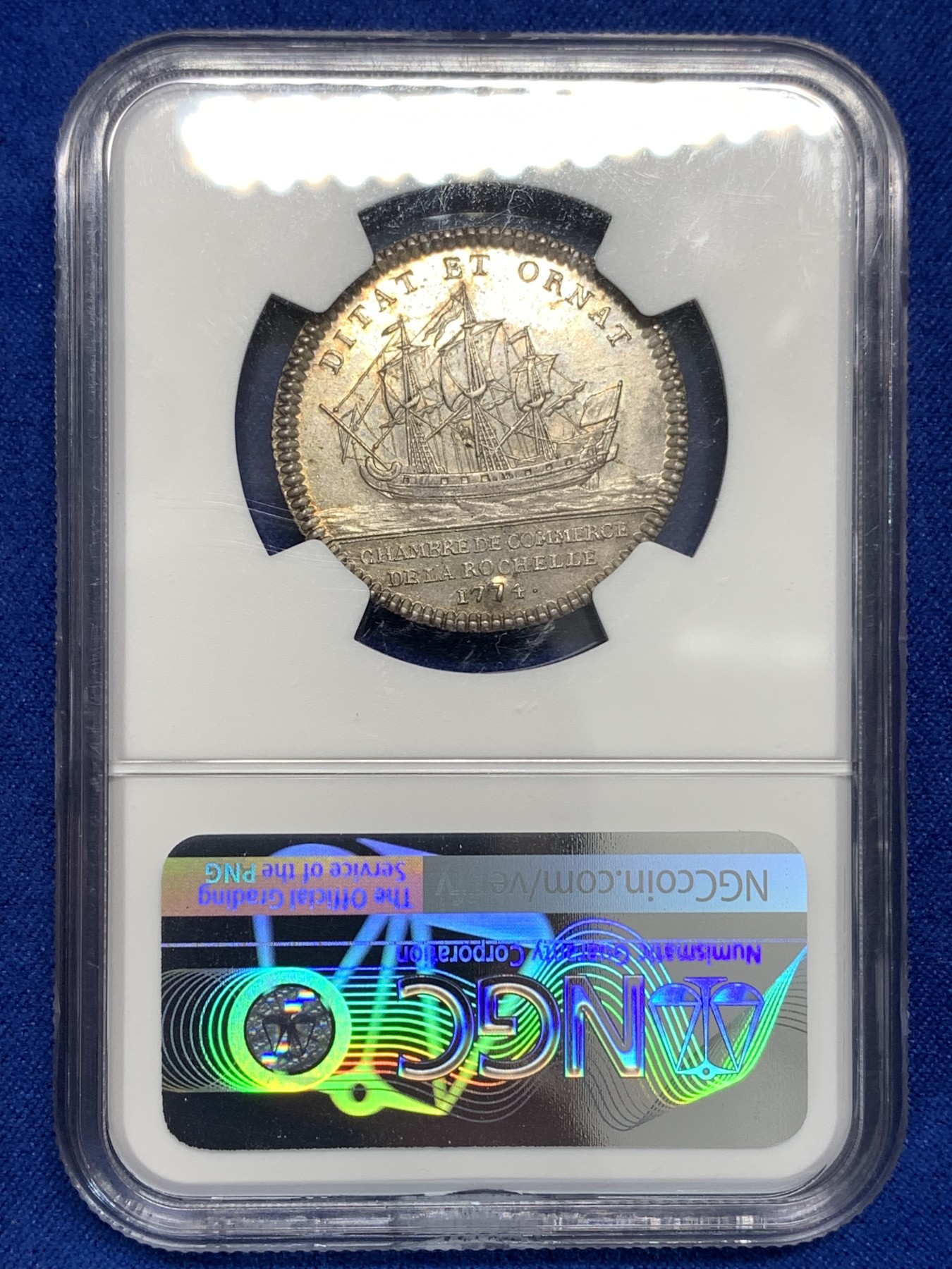 《竞宝斋》第179场-周日，周一2场 (全场包邮) NGC AU58 法国1774年 拉罗谢尔 路易十六 圆形银质代币 非常少见