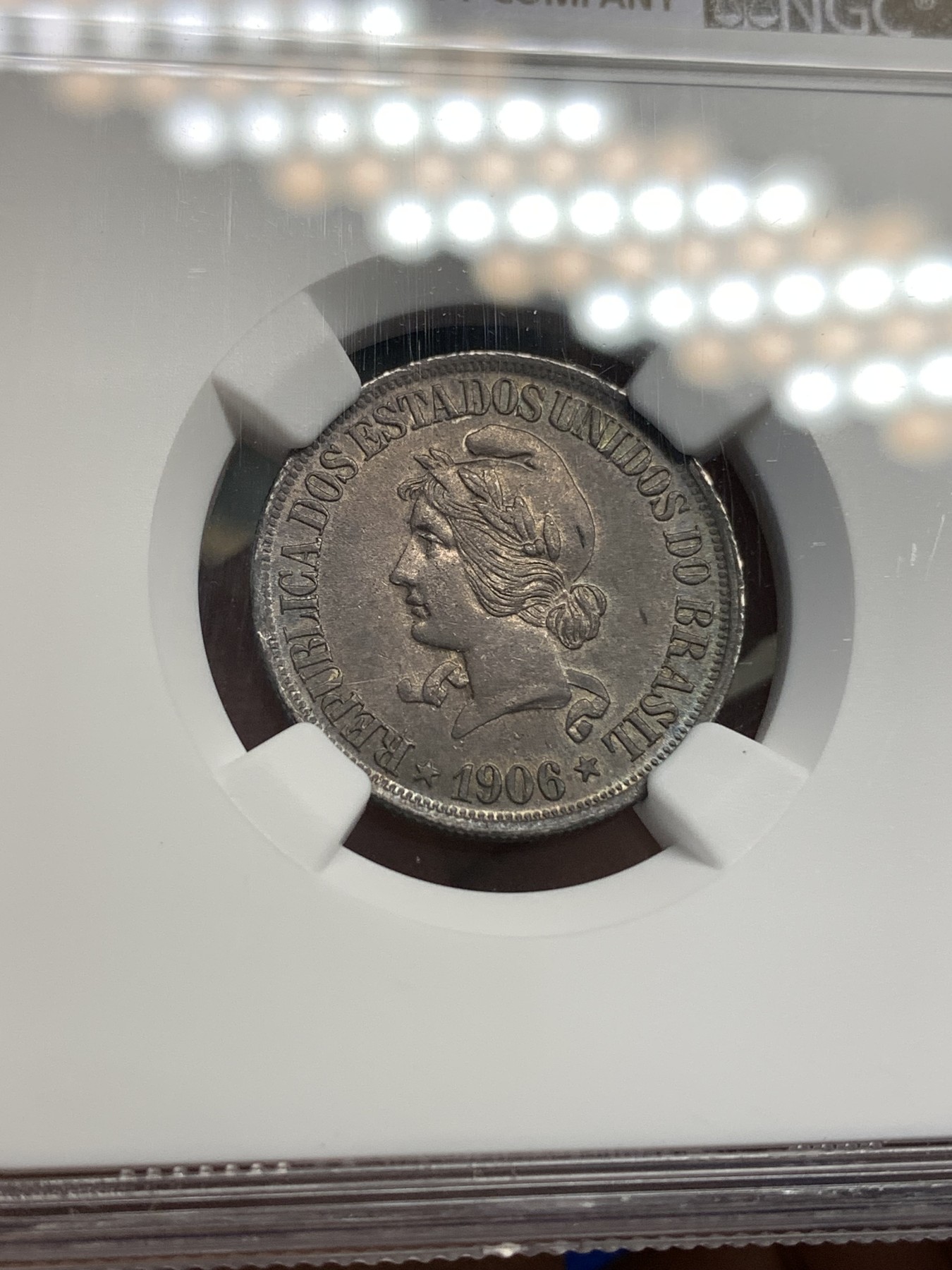 《竞宝斋》第179场-周日，周一2场 (全场包邮) NGC-MS62 巴西联邦 1906年 500R 银币 紫色包浆 少见品种