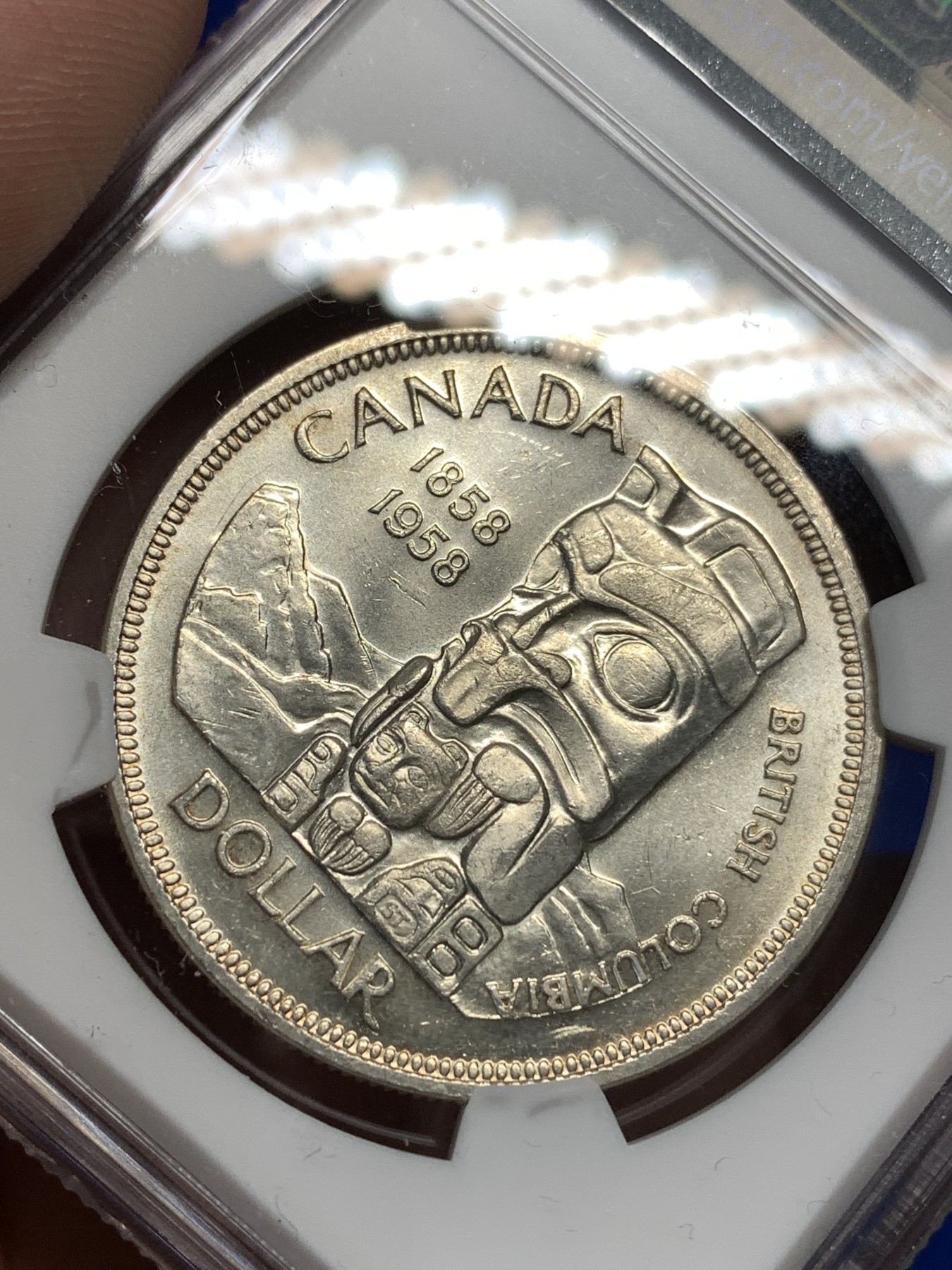 《竞宝斋》第179场-周日，周一2场 (全场包邮) NGC MS63 1958年 加拿大 哥伦比亚百年纪念1元银币 高银版