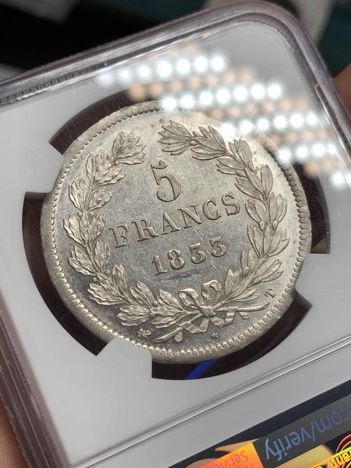 《竞宝斋》第179场-周日，周一2场 (全场包邮) 唯一冠军分 NGC AU55 1833T 法国菲利普5法郎银币 南特造币厂，不常见