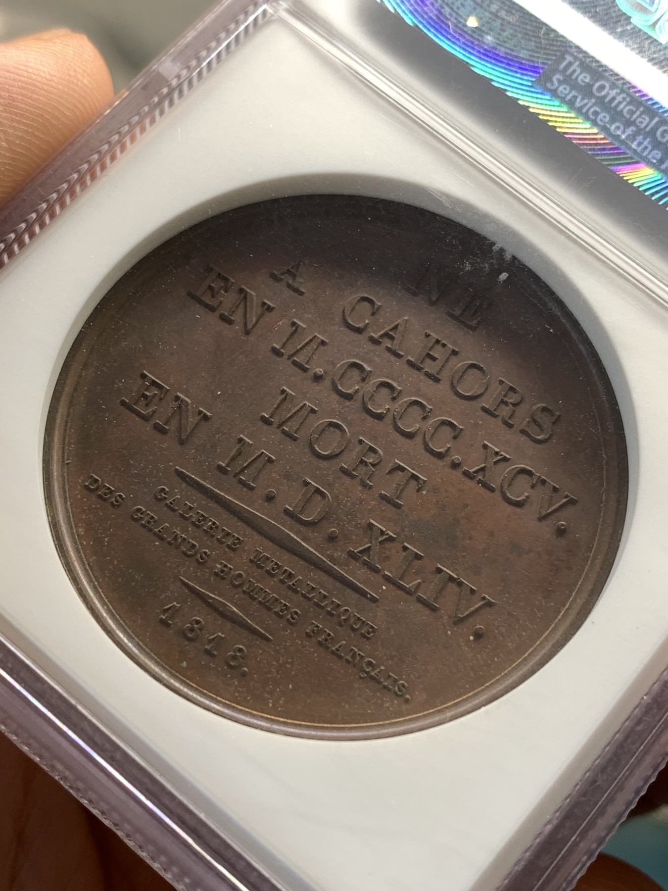 《竞宝斋》第179场-周日，周一2场 (全场包邮) NGC MS63BN 高浮雕 巧克力均匀包浆 1818年法国老铜章 以纪念法国文艺复兴时期的诗人克莱门特·马罗特（ClementMarot），1496-1544年，该枚铜章由法国盖拉德设计