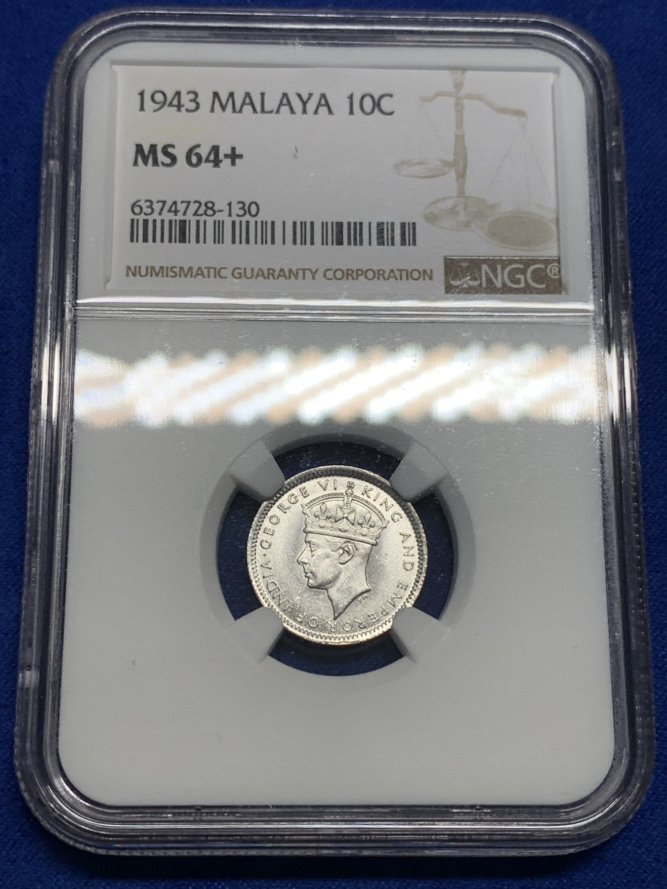 《竞宝斋》第179场-周日，周一2场 (全场包邮) NGC MS64+ 英属 马来亚 1943年乔六 10分银币 高分状态好