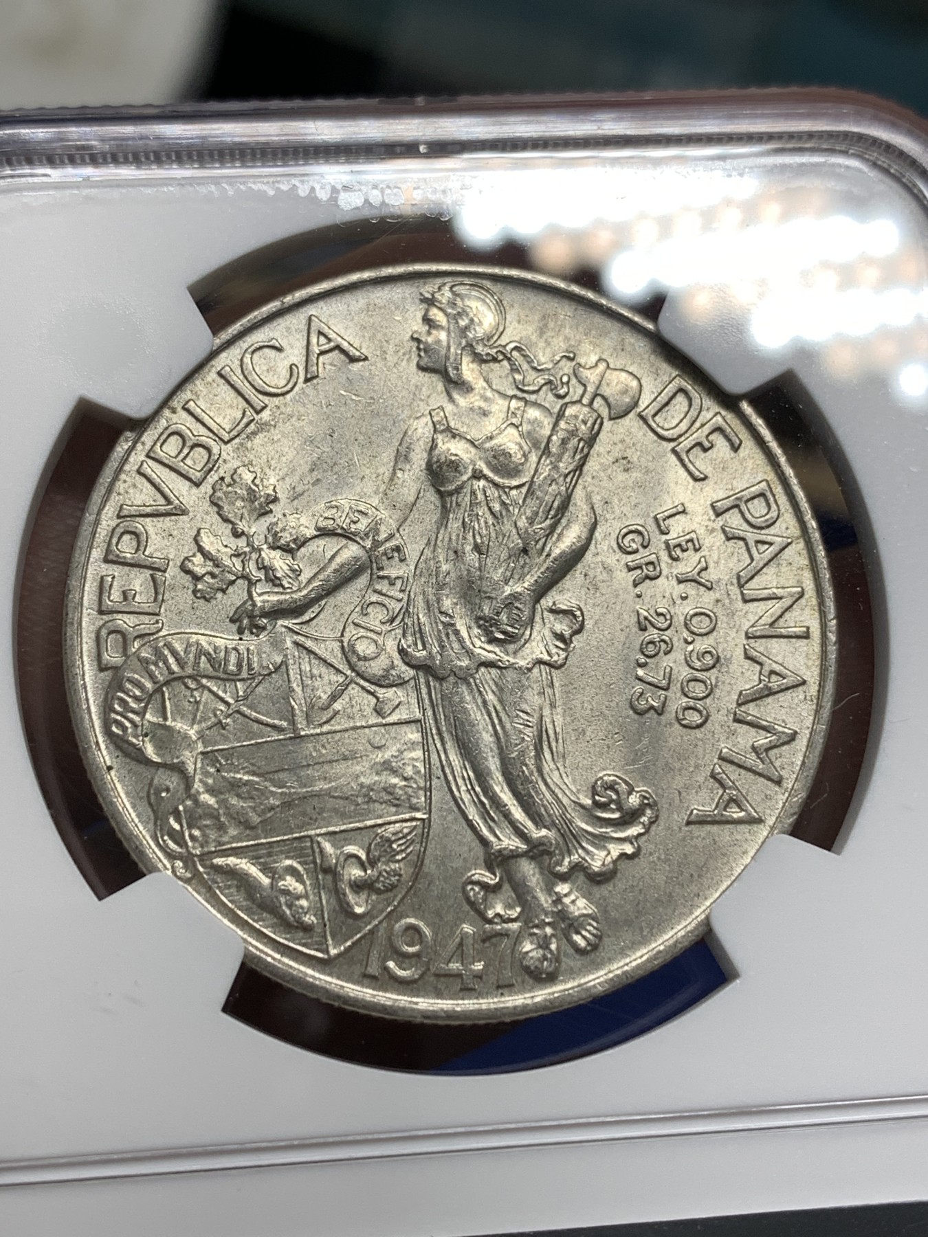 《竞宝斋》第179场-周日，周一2场 (全场包邮) NGC MS63 巴拿马1947年 牛仔美女 1巴尔波阿 大银币 淡彩包浆 上涨系列