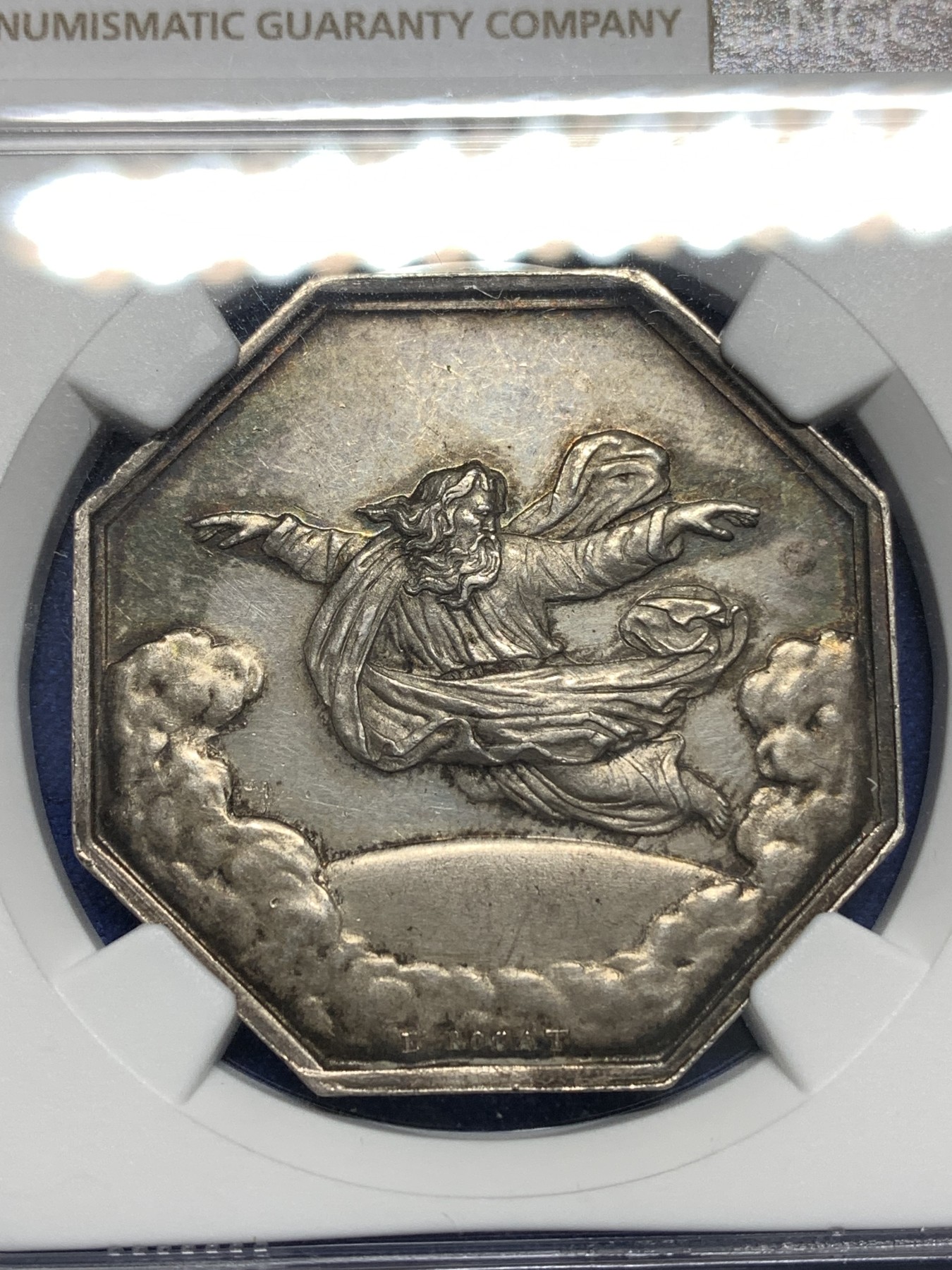 《竞宝斋》第179场-周日，周一2场 (全场包邮) NGC MS62 法国八角银质代币，1843年天父保险公司，飞天的宙斯，少见蜜蜂边铭