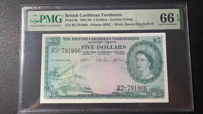 【Blue Auction】✨世界纸币精拍第341期——周日畅拍场 - 【冠军分】英属东加勒比 1961-62年5元 PMG66EPQ  该面值高分非常少见 大冠女王