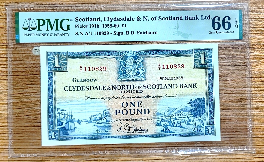【Blue Auction】✨世界纸币精拍第341期——周日畅拍场 【A1首发冠无47】苏格兰 1958年1镑 PMG66EPQ 风景精美