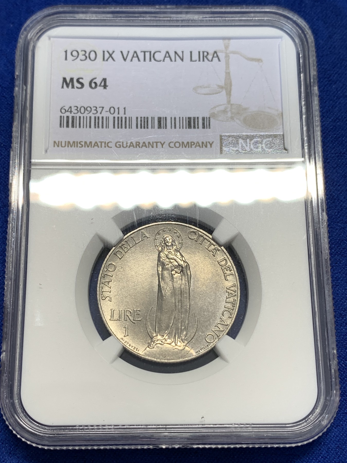 《竞宝斋》第179场-周日，周一2场 (全场包邮) NGC MS64 梵蒂冈 1930年 圣母像1里拉  意式美学典范