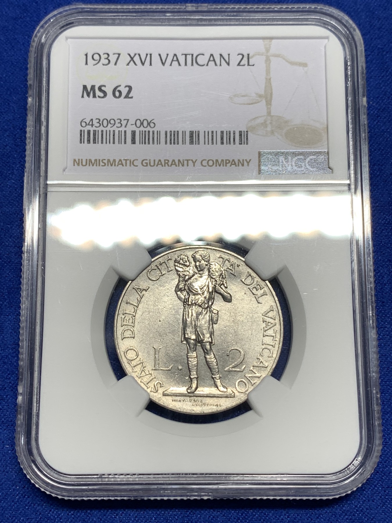 《竞宝斋》第179场-周日，周一2场 (全场包邮) NGC MS62 梵蒂冈 1937年 扛羊2里拉 经典设计 细节好